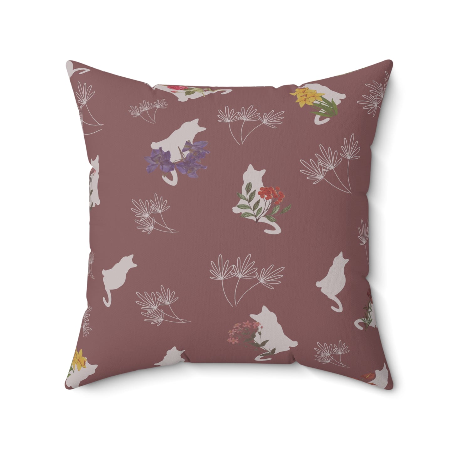 Cat and Flowers/Leafy Whimsy Throw Pillow – Mauve