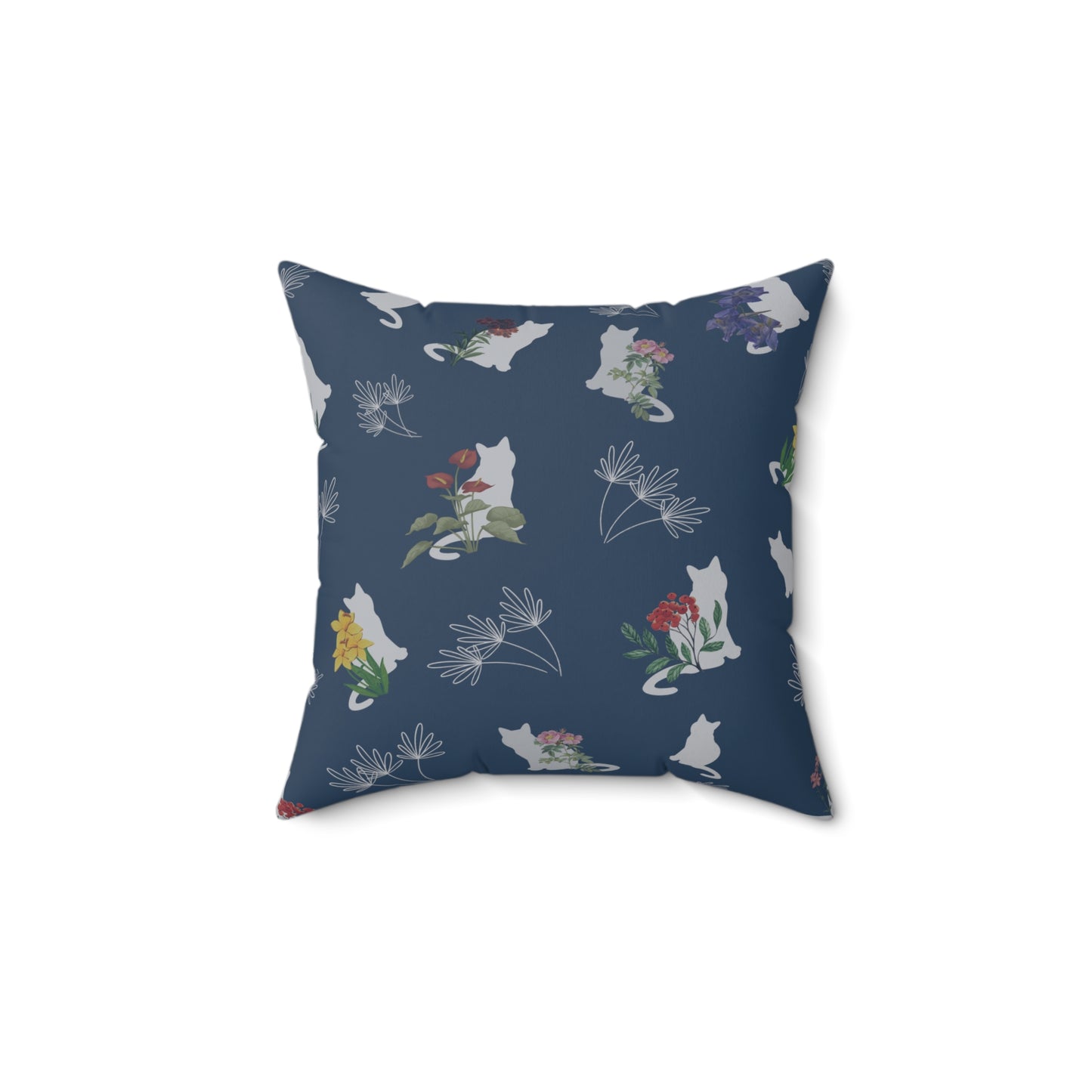 Cat and Flowers/Leafy Whimsy Throw Pillow – Blue