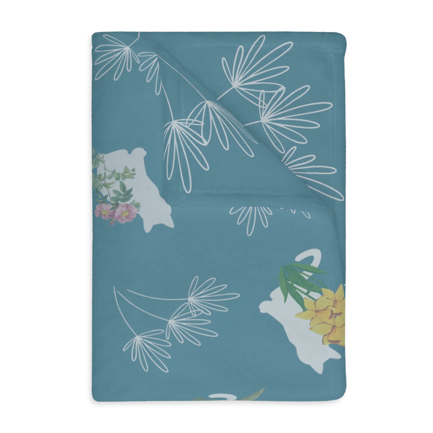 Cats and Flowers/Leafy Whimsy Blanket – Light Blue