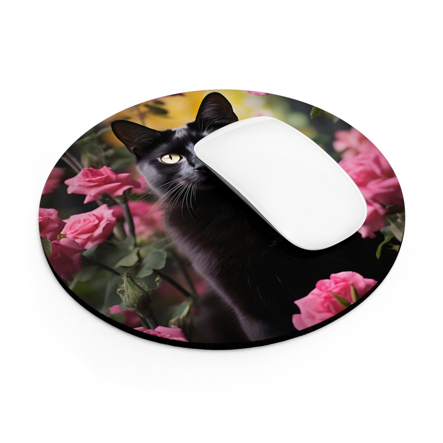 Black Cat in Pink Roses Mouse Pad – Round 8”