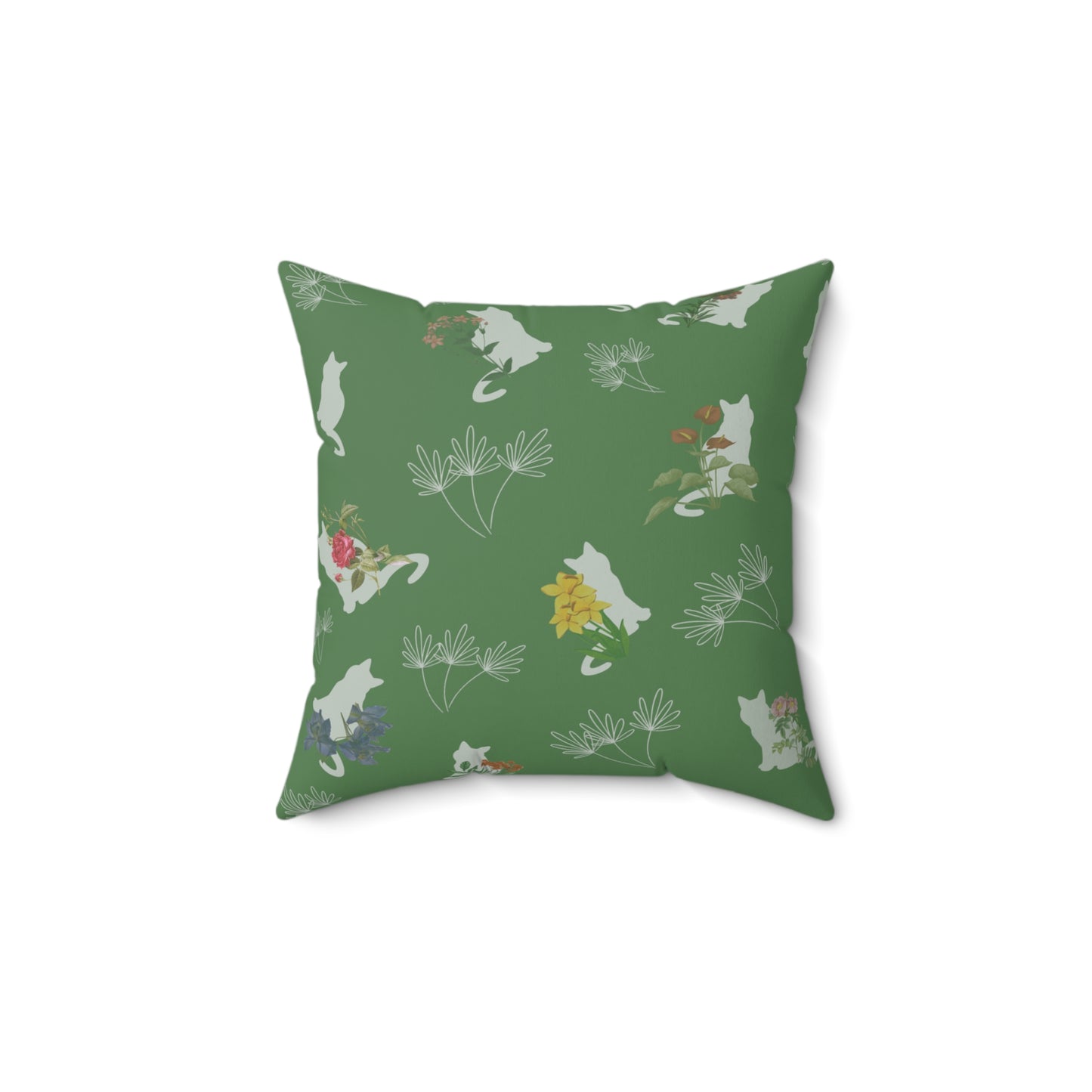 Cat and Flowers/Leafy Whimsy Throw Pillow – Green