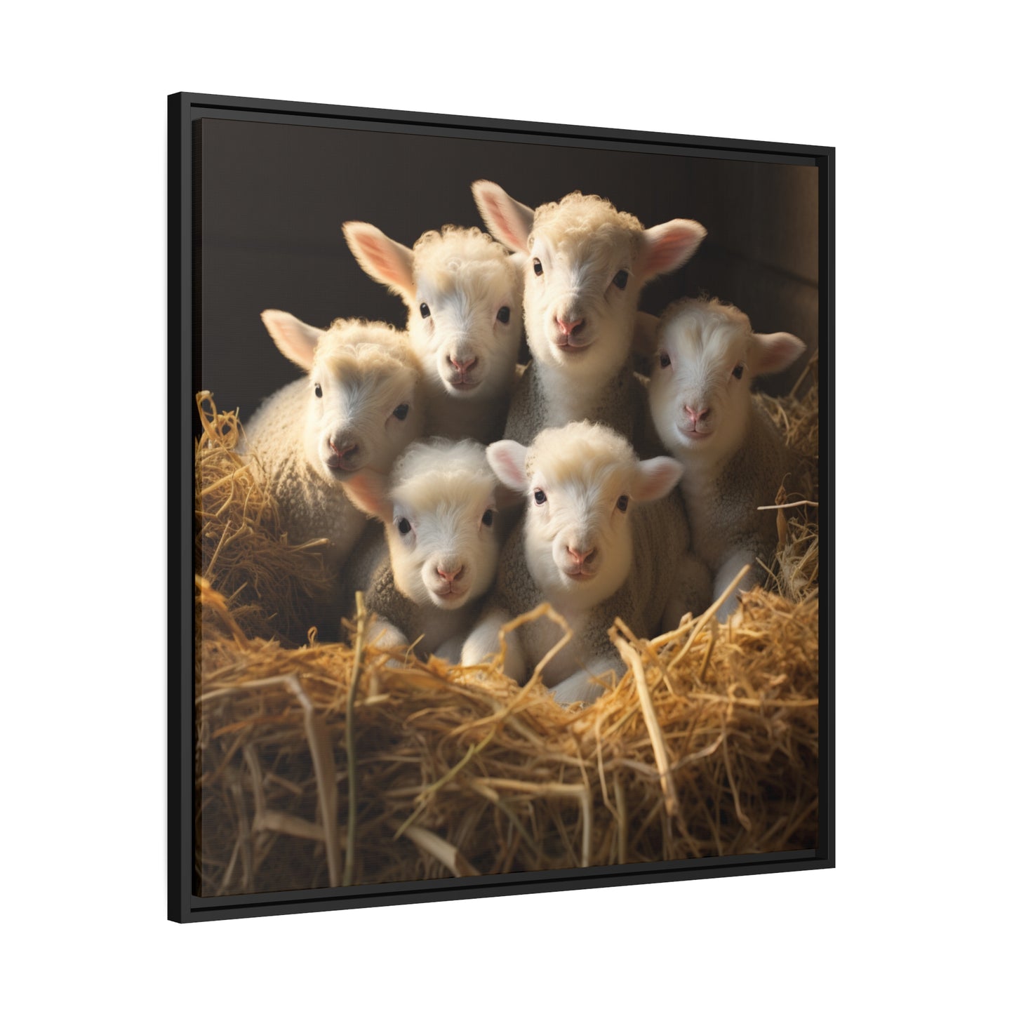 Lamb Family in Straw Framed Wall Canvas