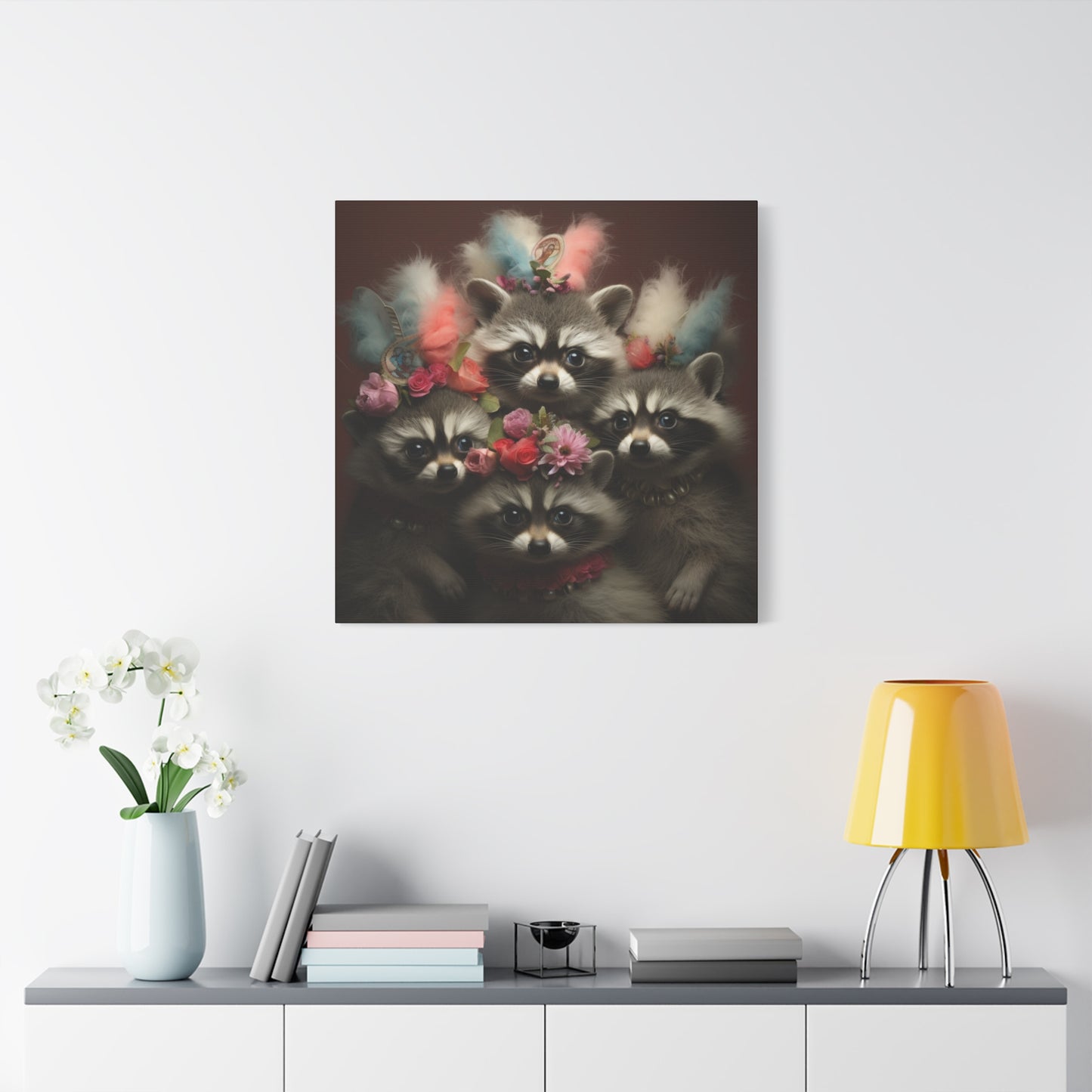 Raccoon Family with Colorful Plumes Wall Canvas