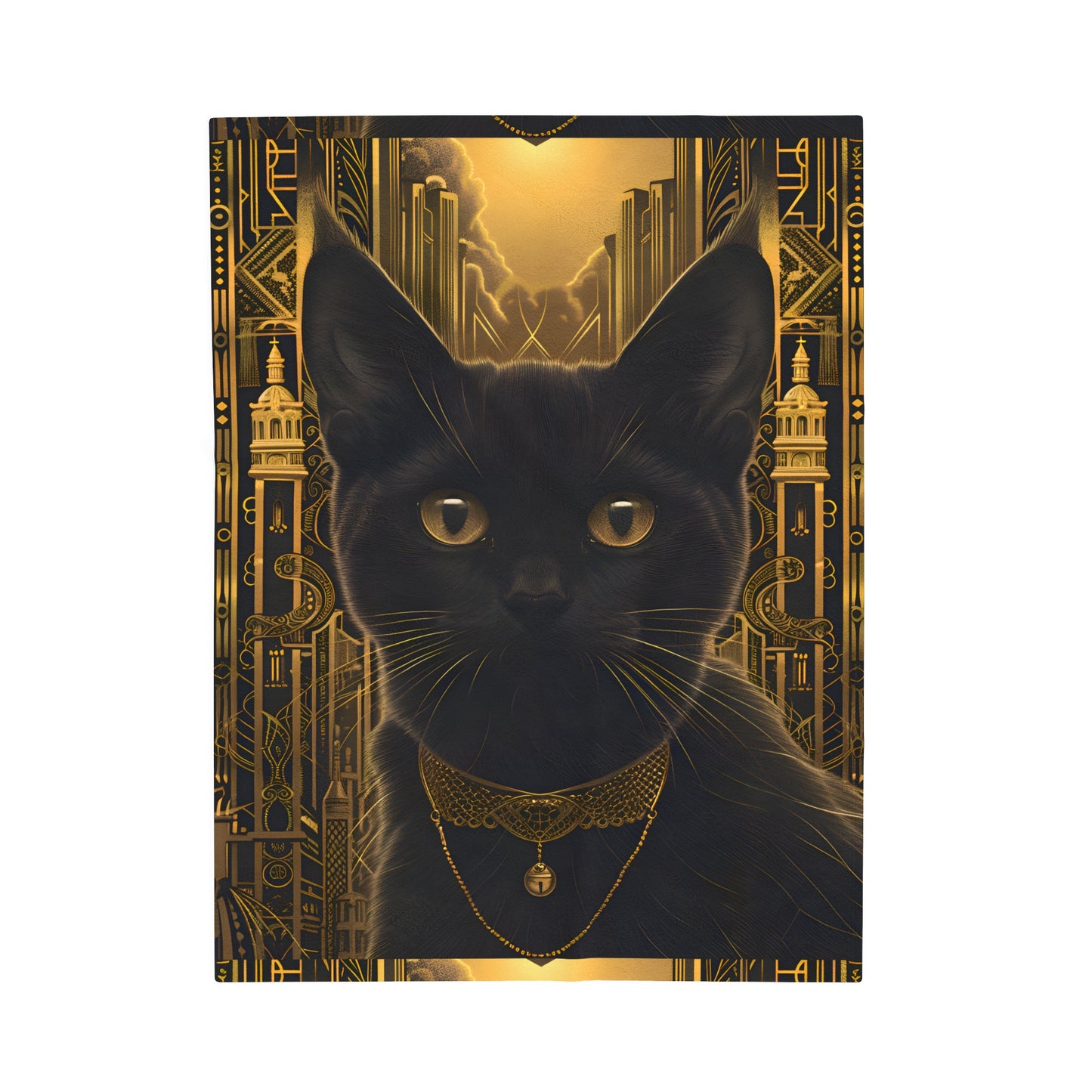 Black Cat with Golden Bell Art Deco - Velveteen Blanket