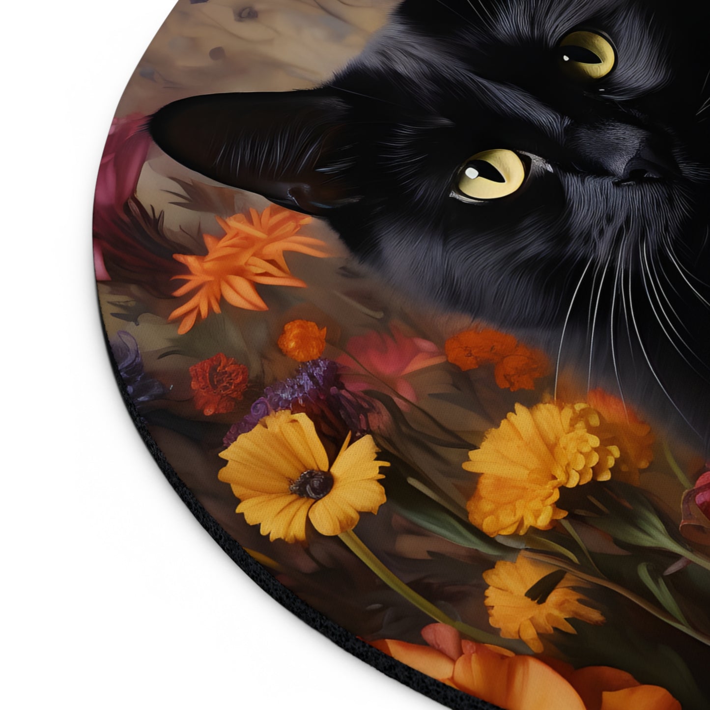 Black Cat in Orange Flowers Mouse Pad – Round 8”