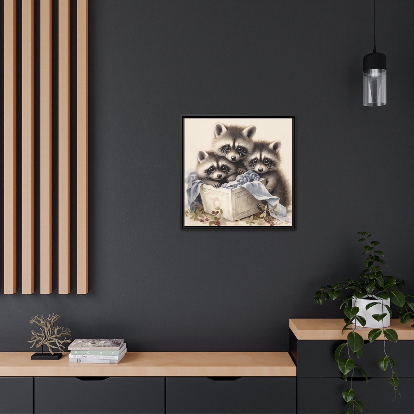 Raccoon Family with Blue Blanket Framed Wall Canvas