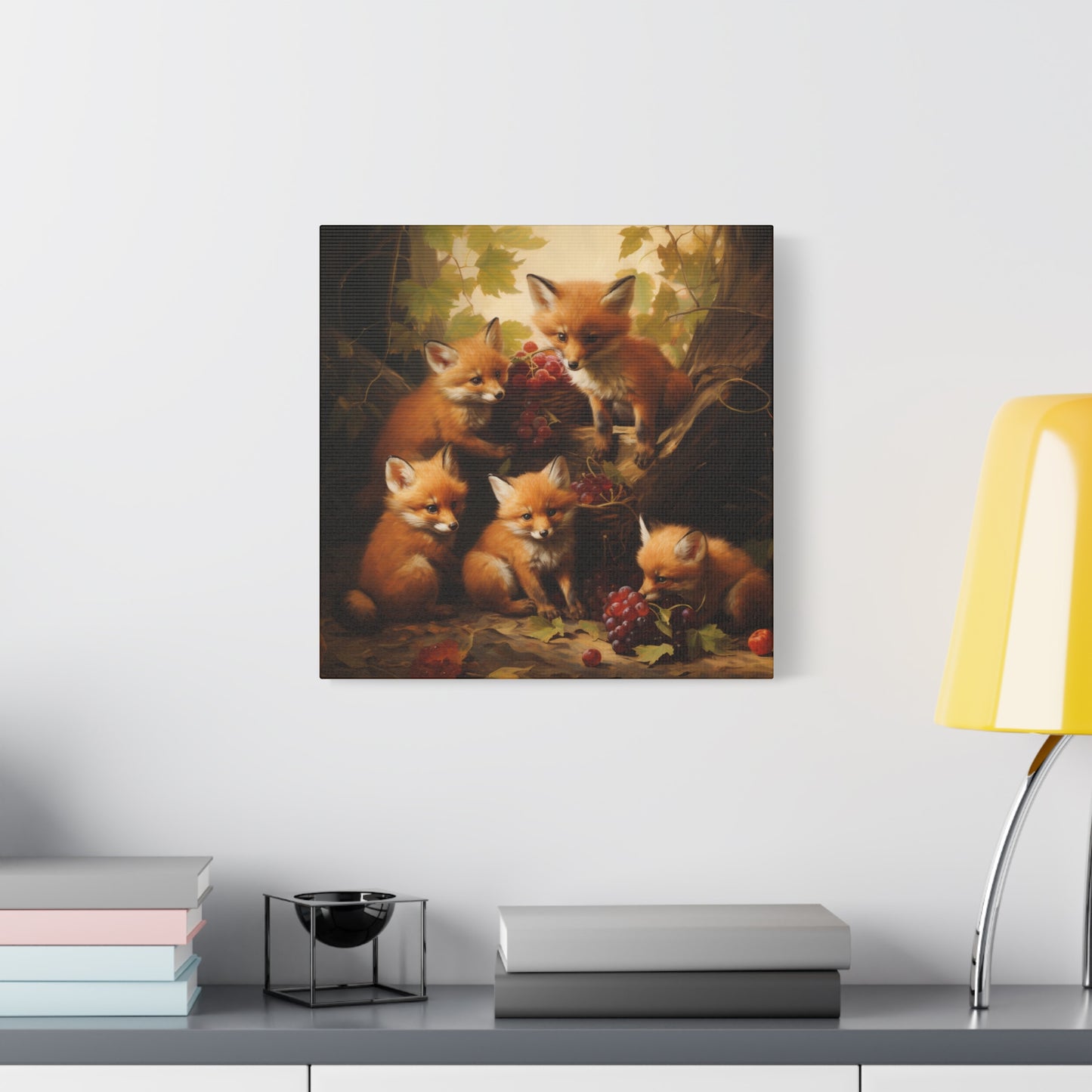 Fox Family with Red Grapes Wall Canvas