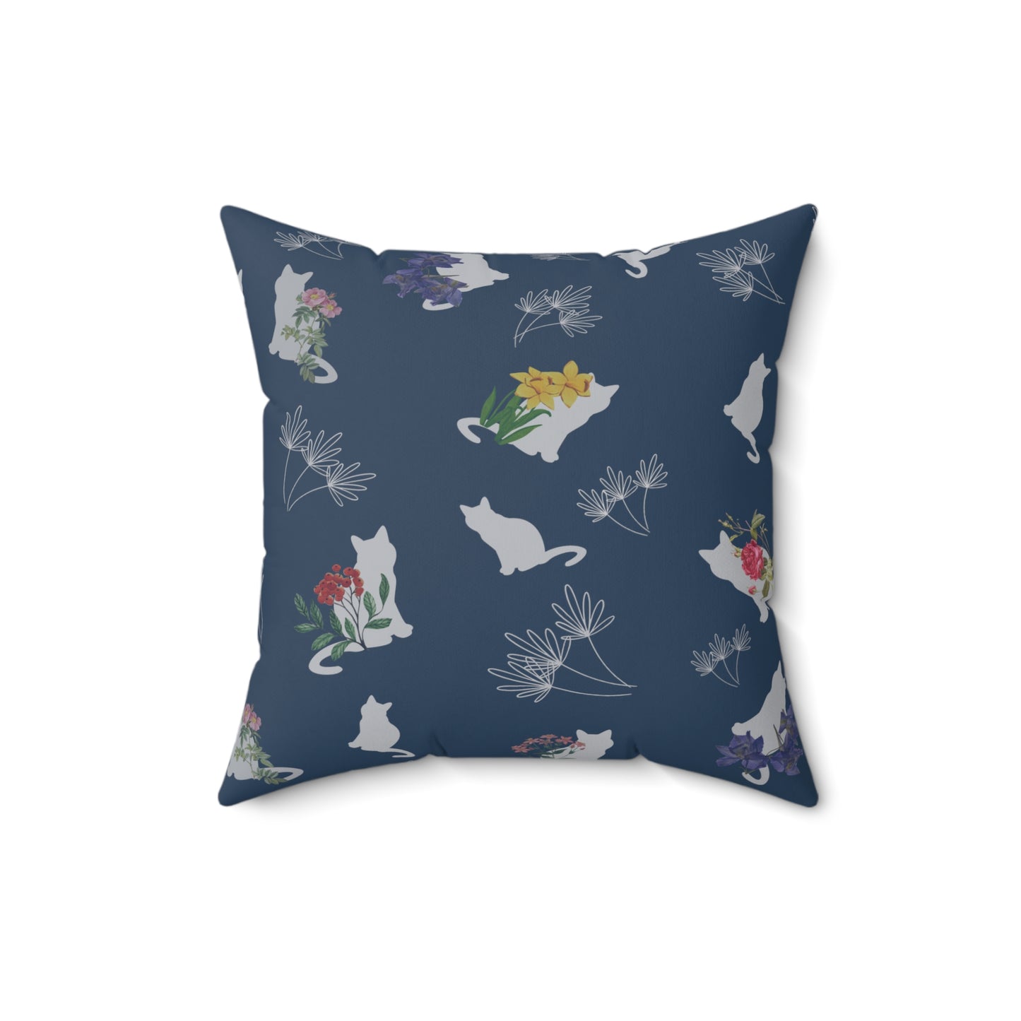 Cat and Flowers/Leafy Whimsy Throw Pillow – Blue