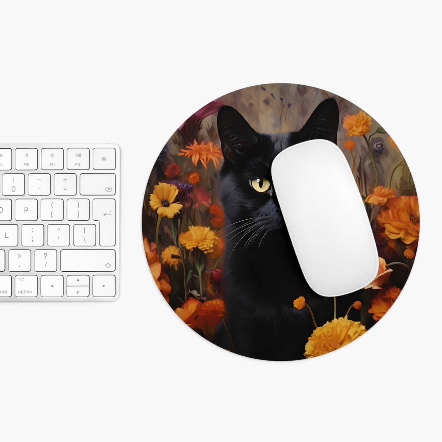 Black Cat in Orange Flowers Mouse Pad – Round 8”