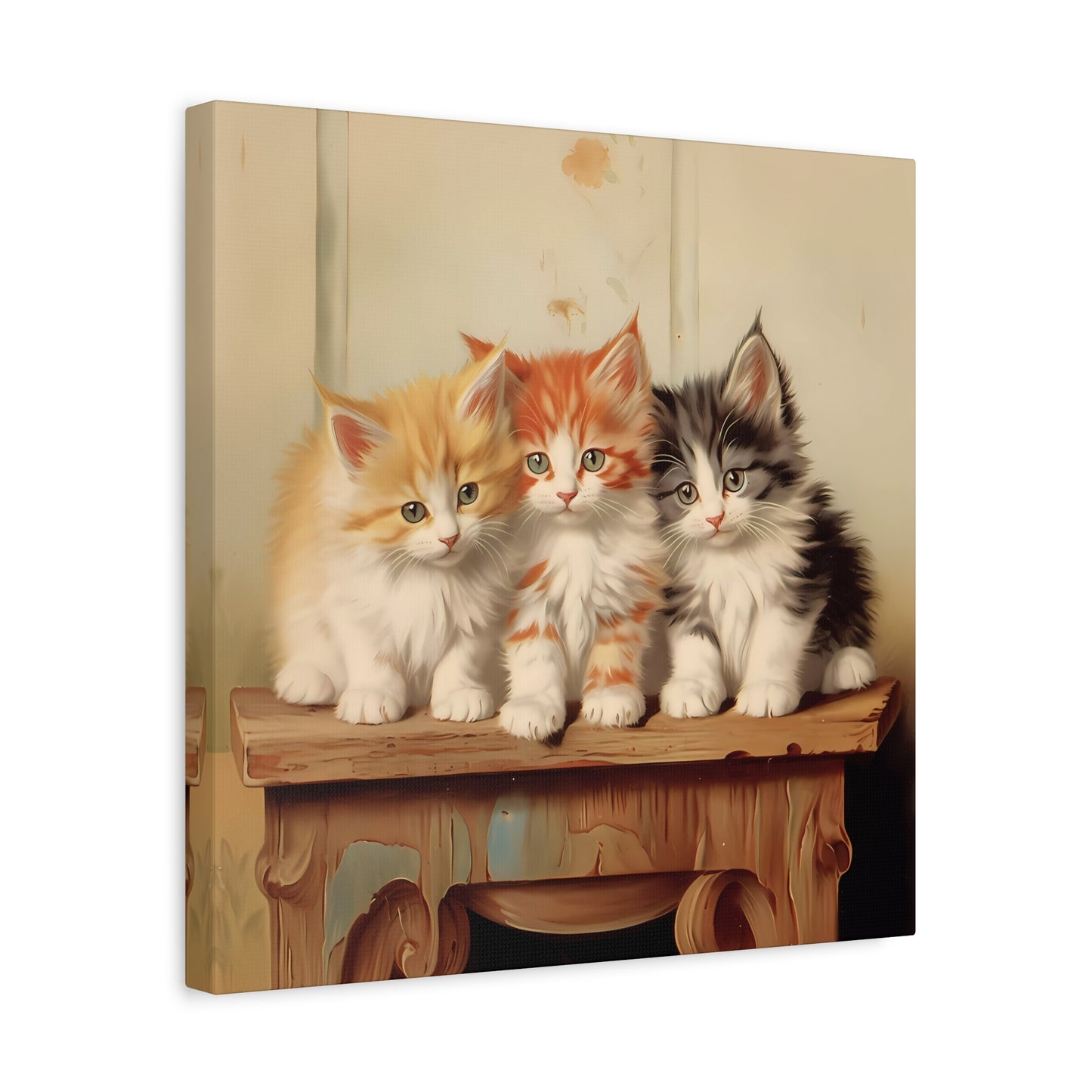 Three Kittens on Painted Table Wall Canvas