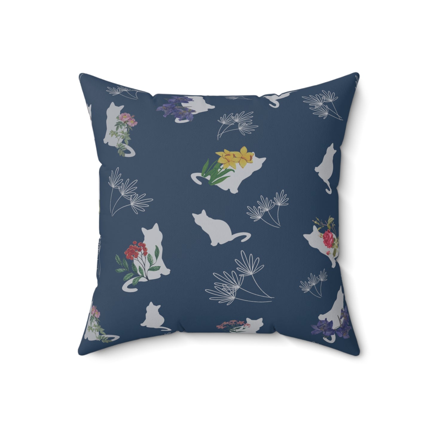 Cat and Flowers/Leafy Whimsy Throw Pillow – Blue