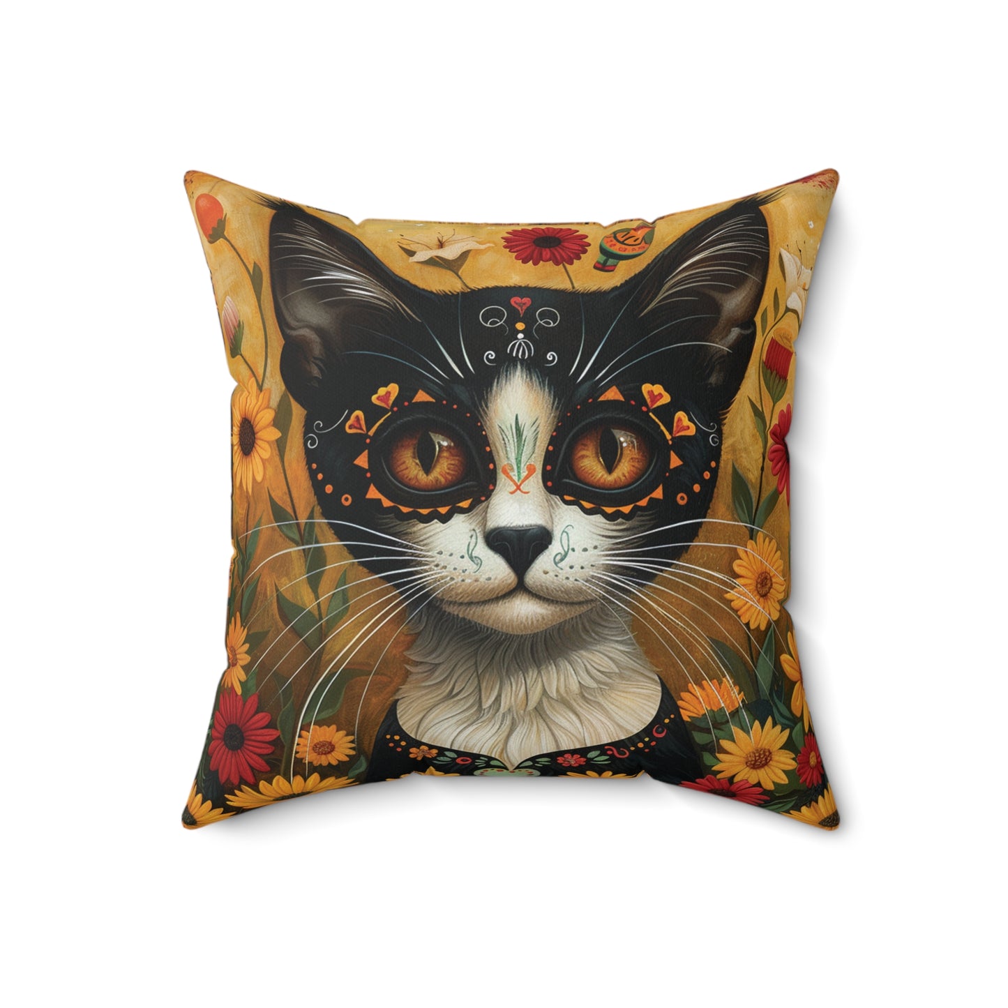 Cat on Yellow - Day of the Dead - Throw Pillow