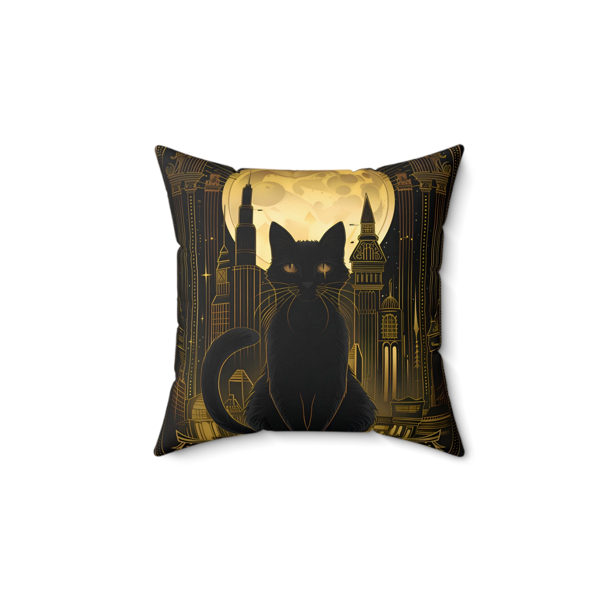 Black Cat and Gold Moon Art Deco - Throw Pillow