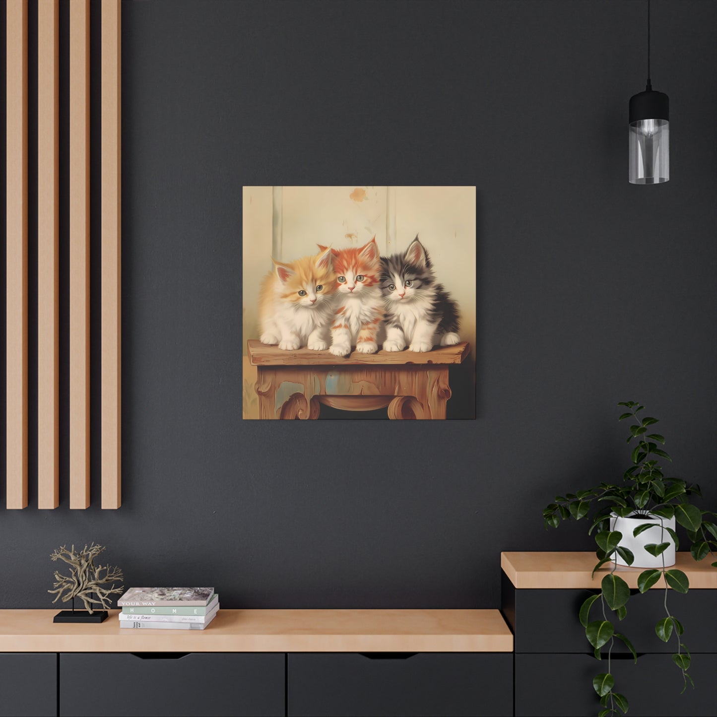 Three Kittens on Painted Table Wall Canvas