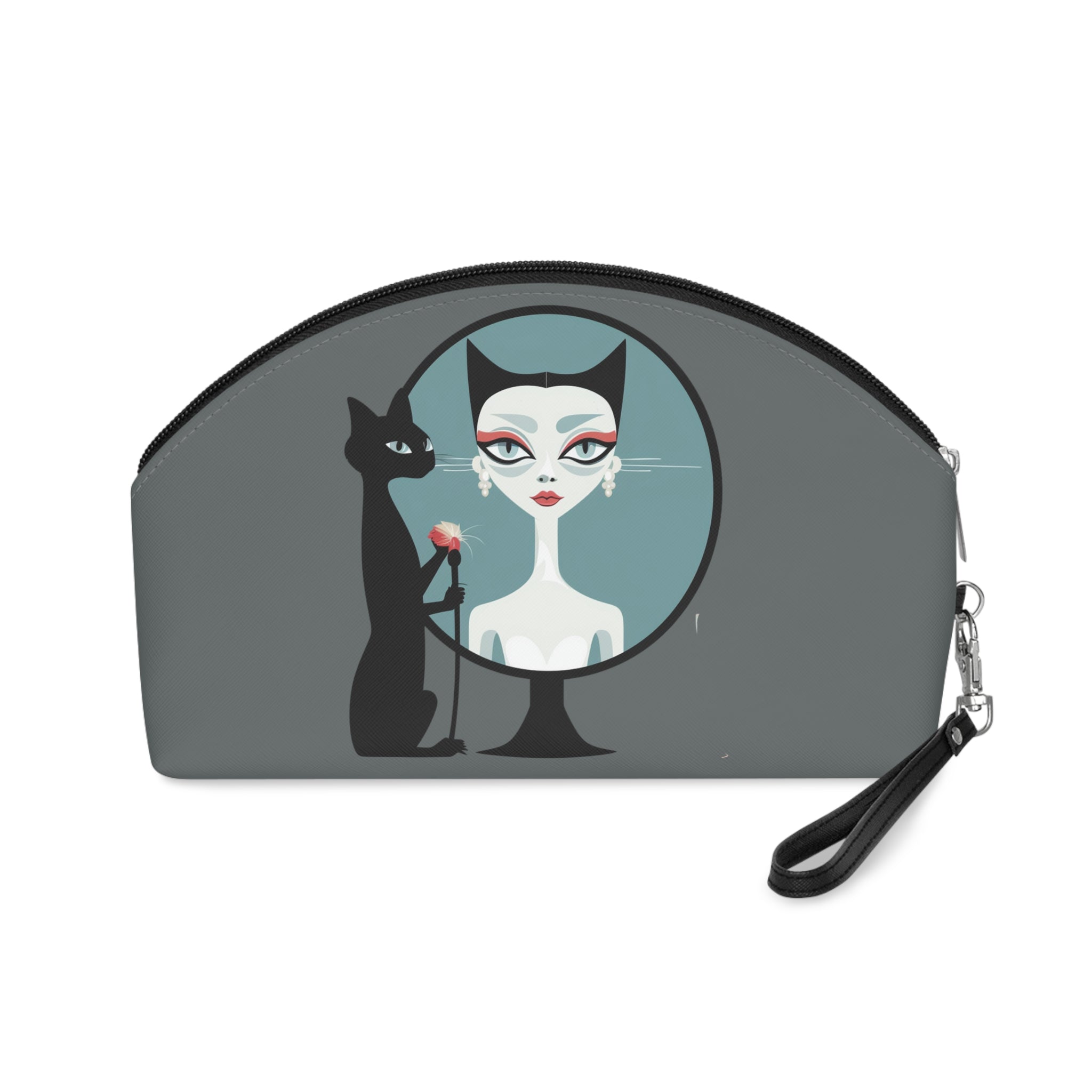 Sophisticated Cat Makeup Bag – Black Cat and Lovely Lady on grey