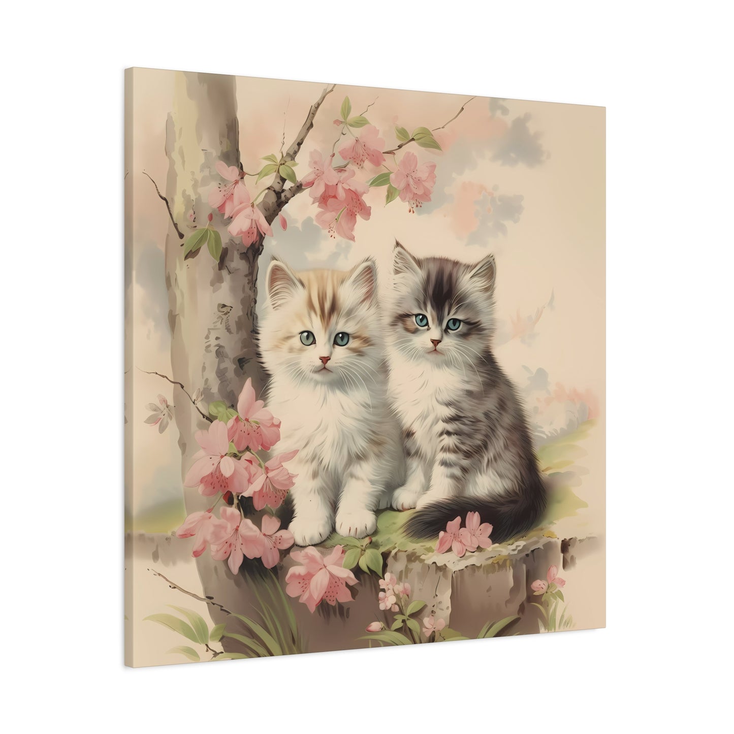 Kittens Under Pink Flowering Tree Wall Canvas