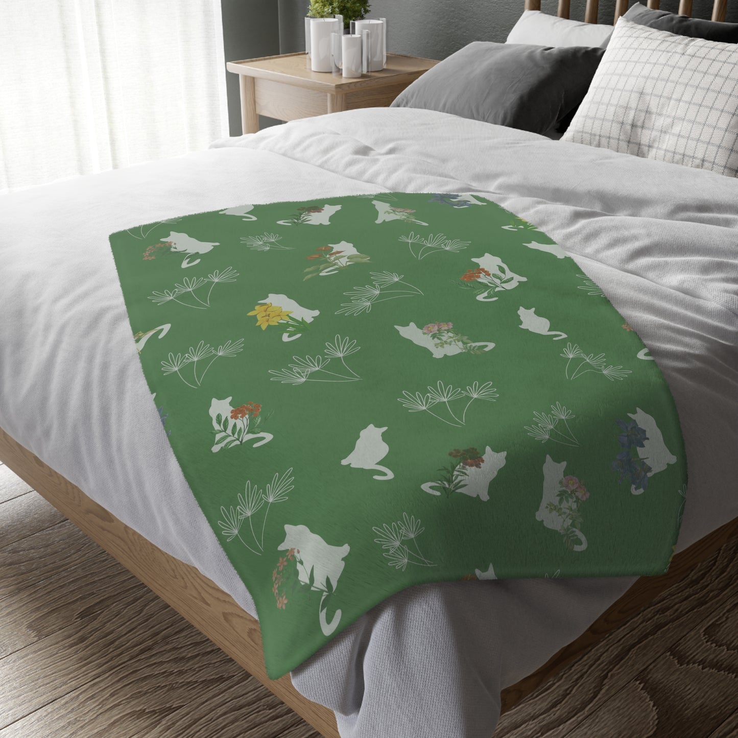 Cats and Flowers/Leafy Whimsy Blanket - Green