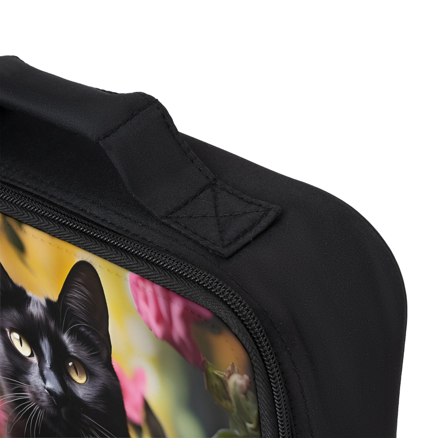 Black Cat in Pink Roses Lunch Bag