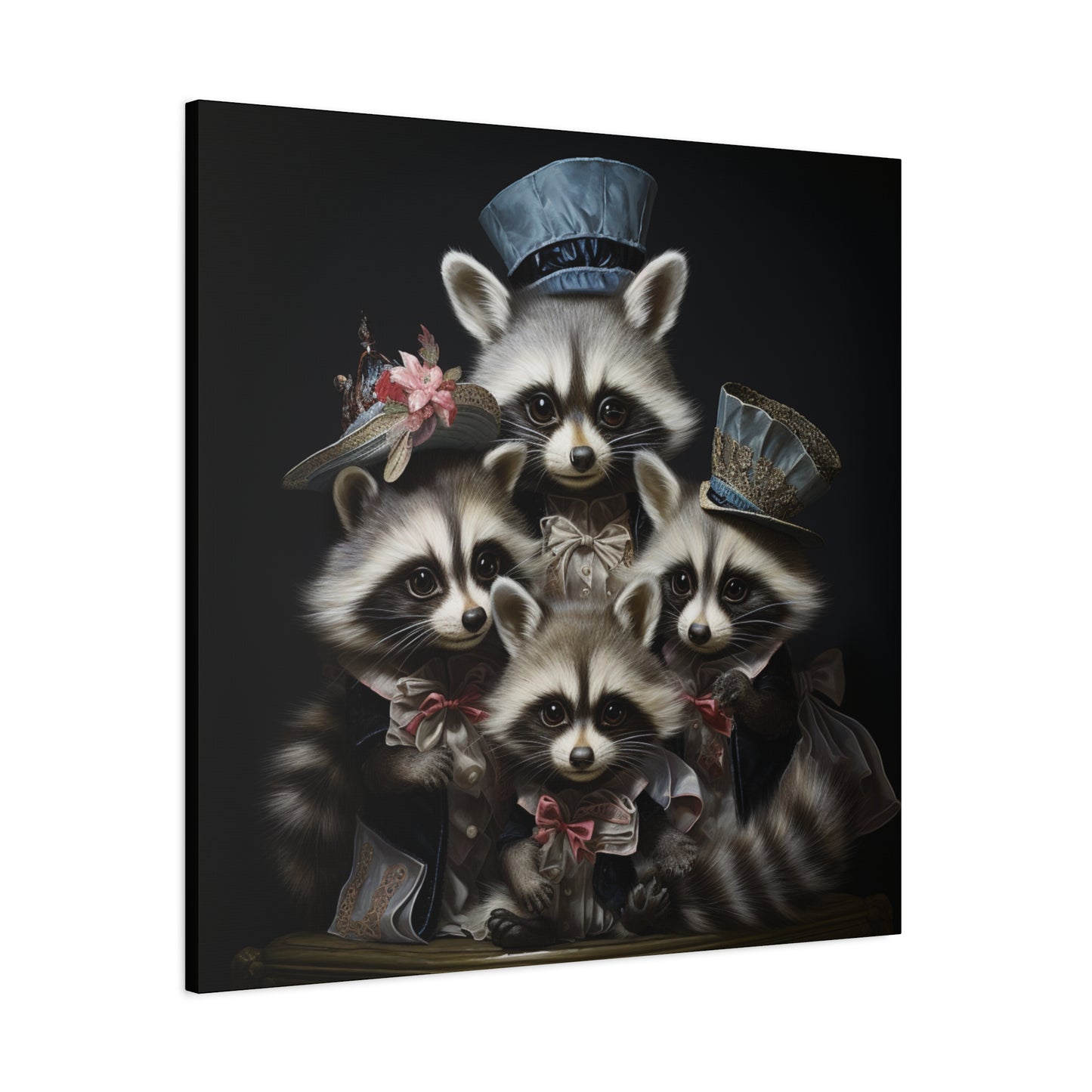 Raccoon Family in Blue Hats Wall Canvas