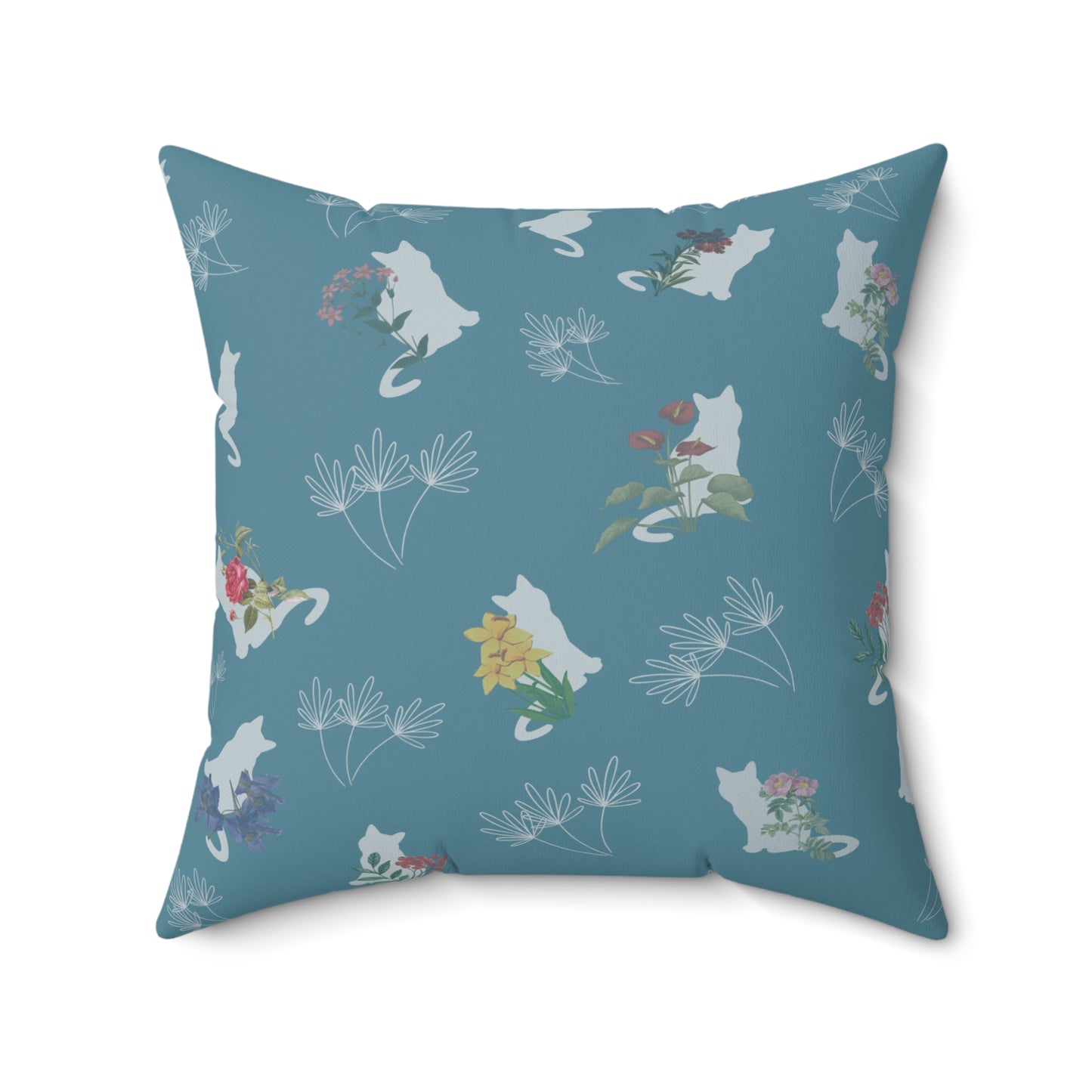 Cat and Flowers/Leafy Whimsy Throw Pillow – Light Blue