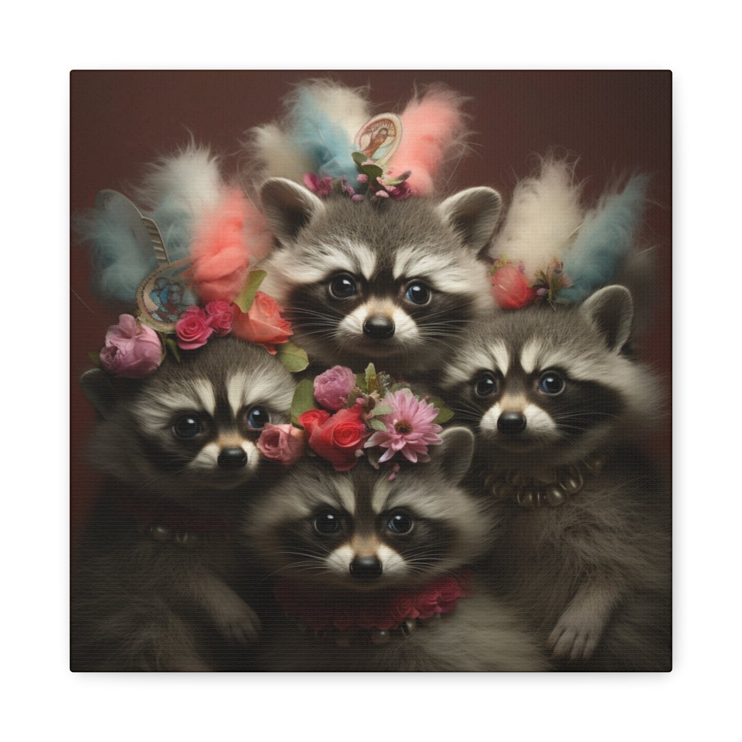 Raccoon Family with Colorful Plumes Wall Canvas