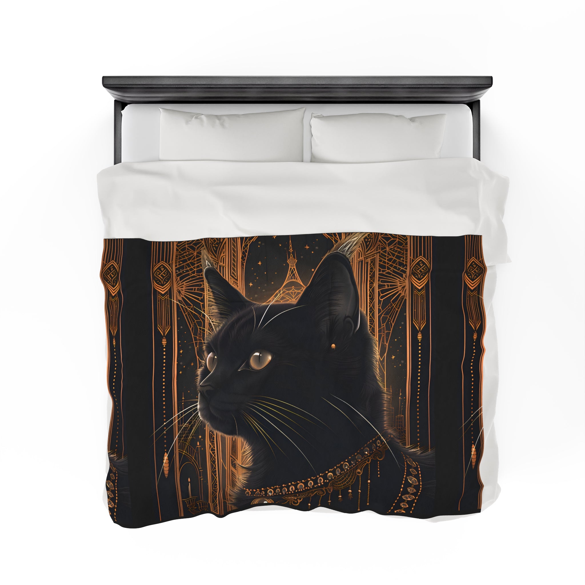 Black Cat with Copper Eyes Art Deco - Velveteen Blanket