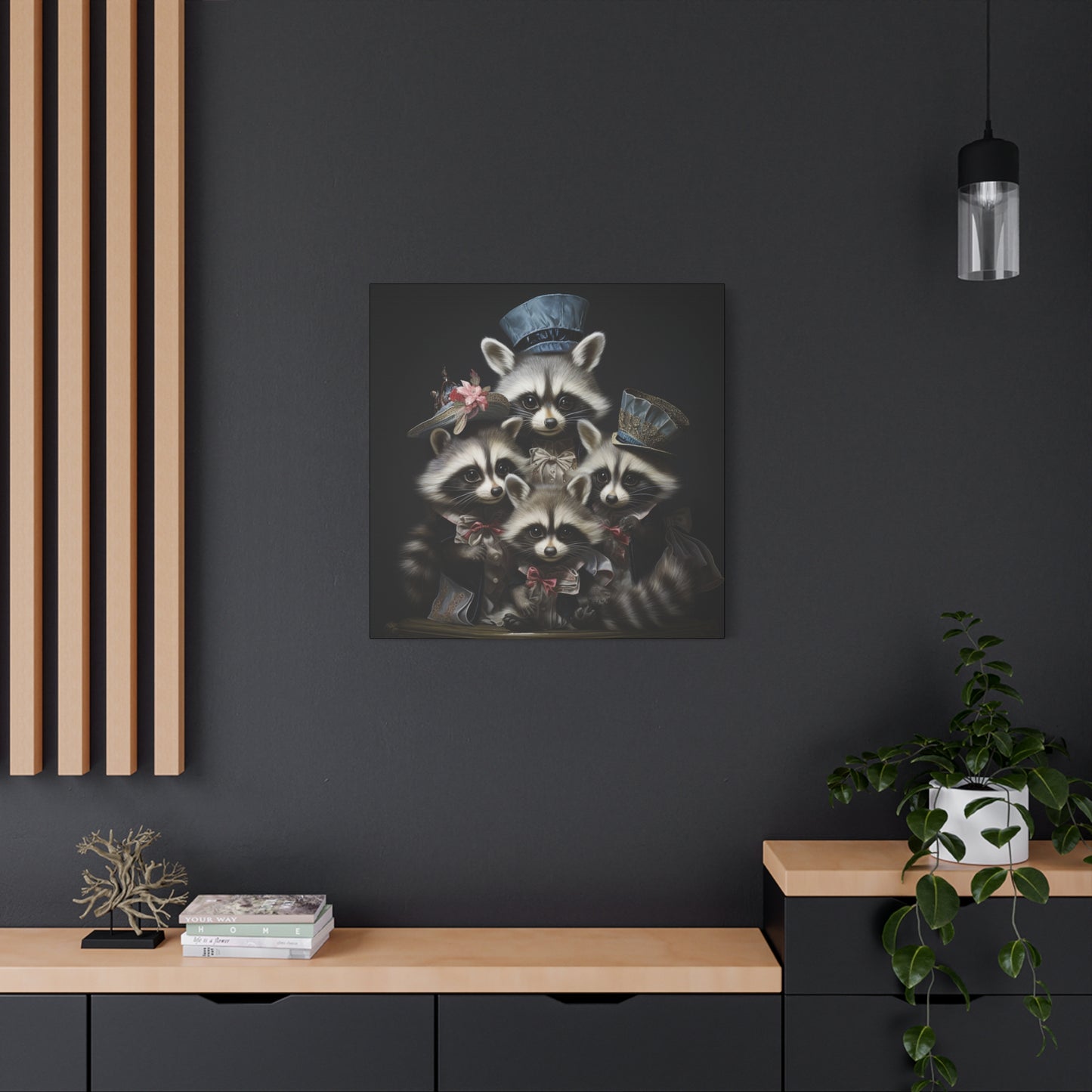 Raccoon Family in Blue Hats Wall Canvas