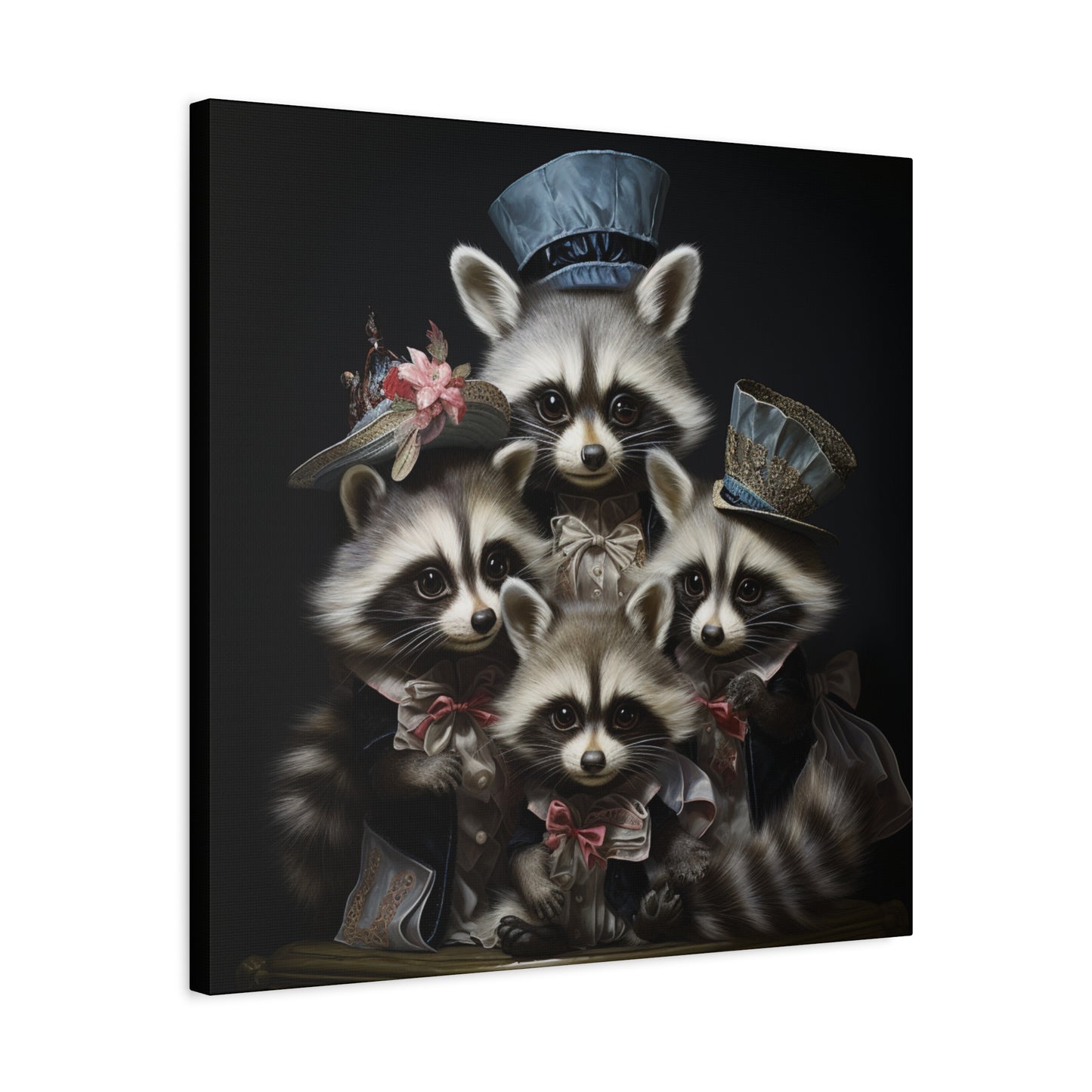 Raccoon Family in Blue Hats Wall Canvas