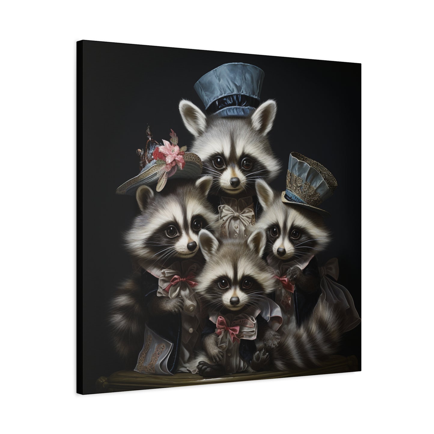 Raccoon Family in Blue Hats Wall Canvas