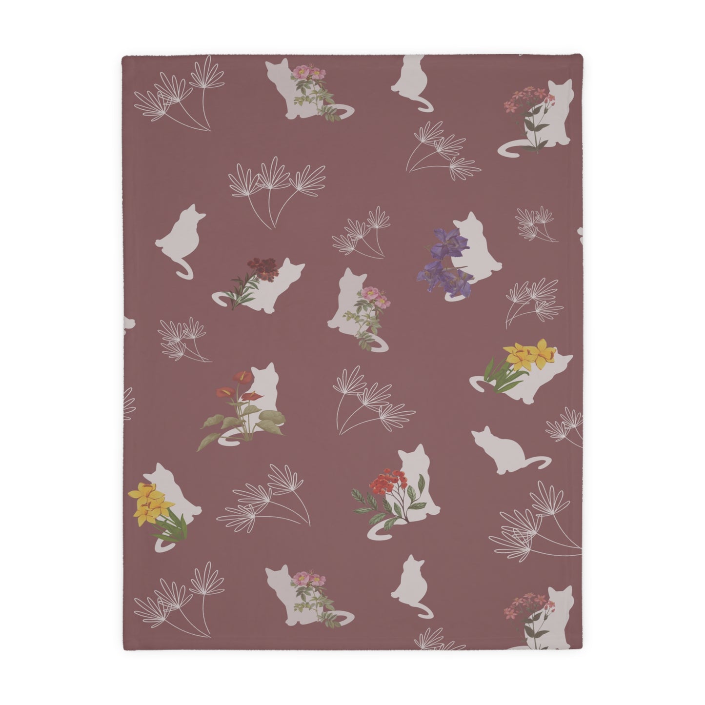 Cats and Flowers/Leafy Whimsy Blanket – Mauve