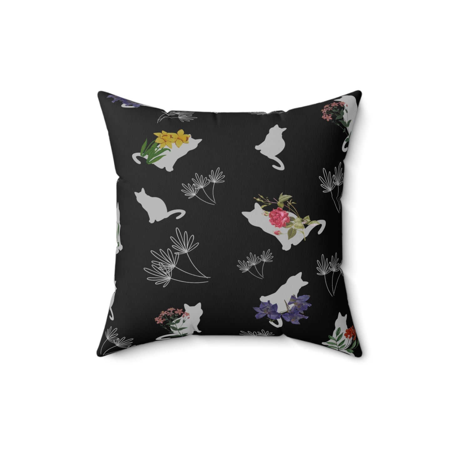 Cat and Flowers/Leafy Whimsy Throw Pillow – Black