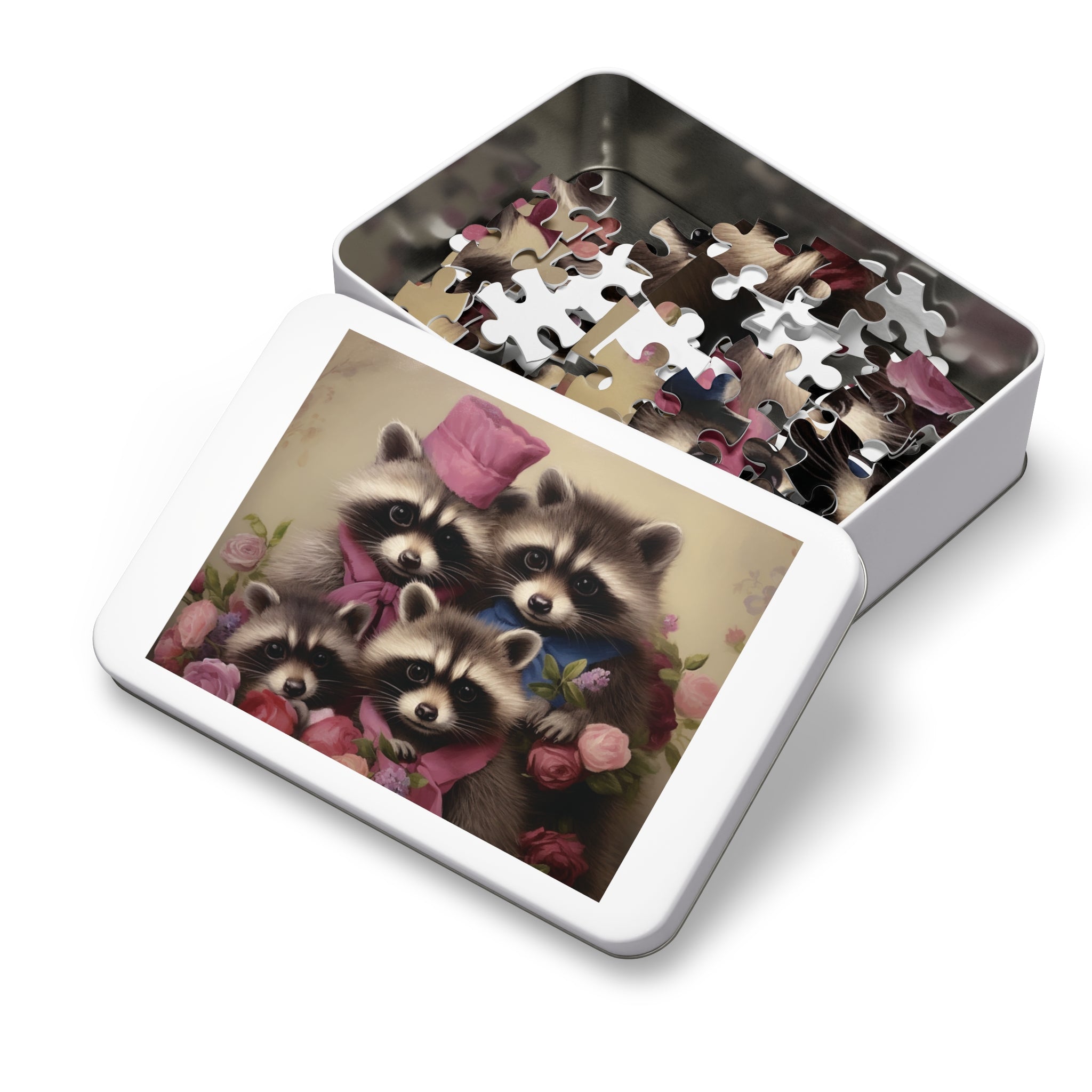 Raccoons Family in Roses - Children's Jigsaw Puzzle (30 or 110 Piece)