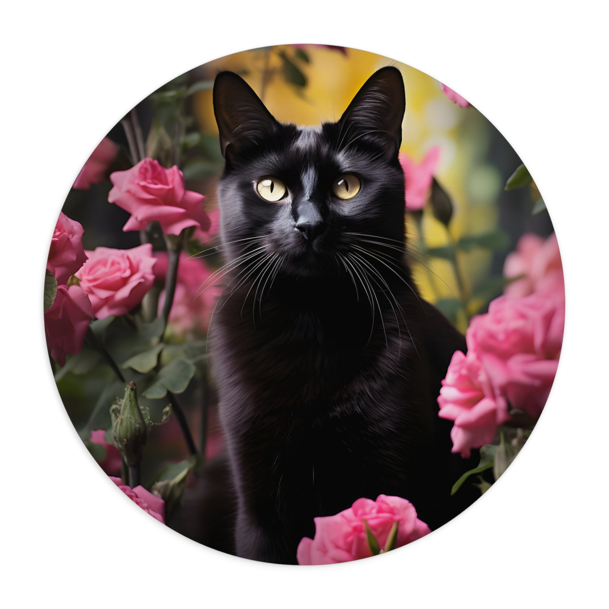 Black Cat in Pink Roses Mouse Pad – Round 8”