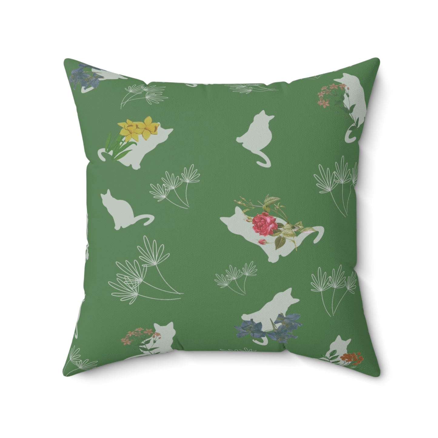 Cat and Flowers/Leafy Whimsy Throw Pillow – Green