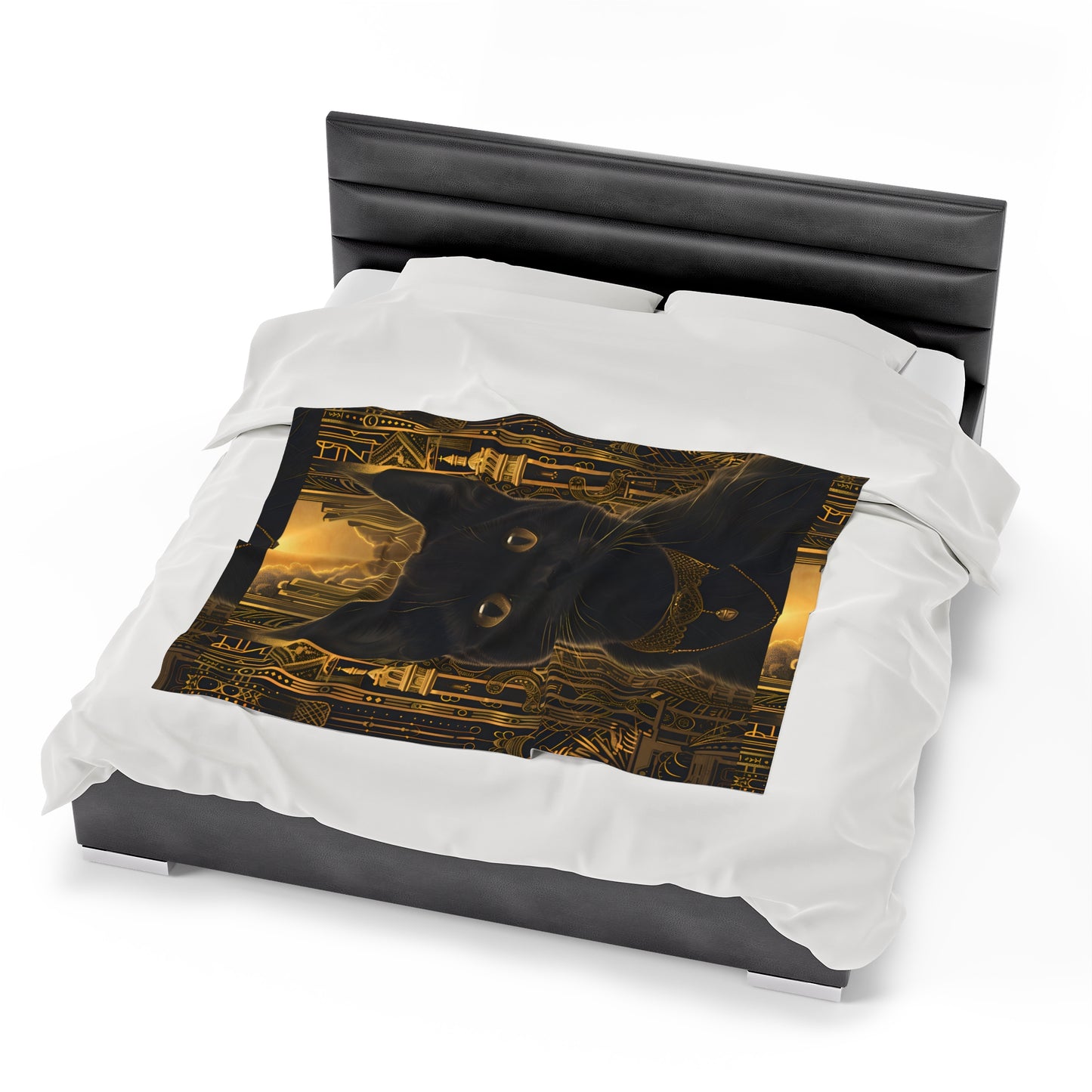 Black Cat with Golden Bell Art Deco - Velveteen Blanket