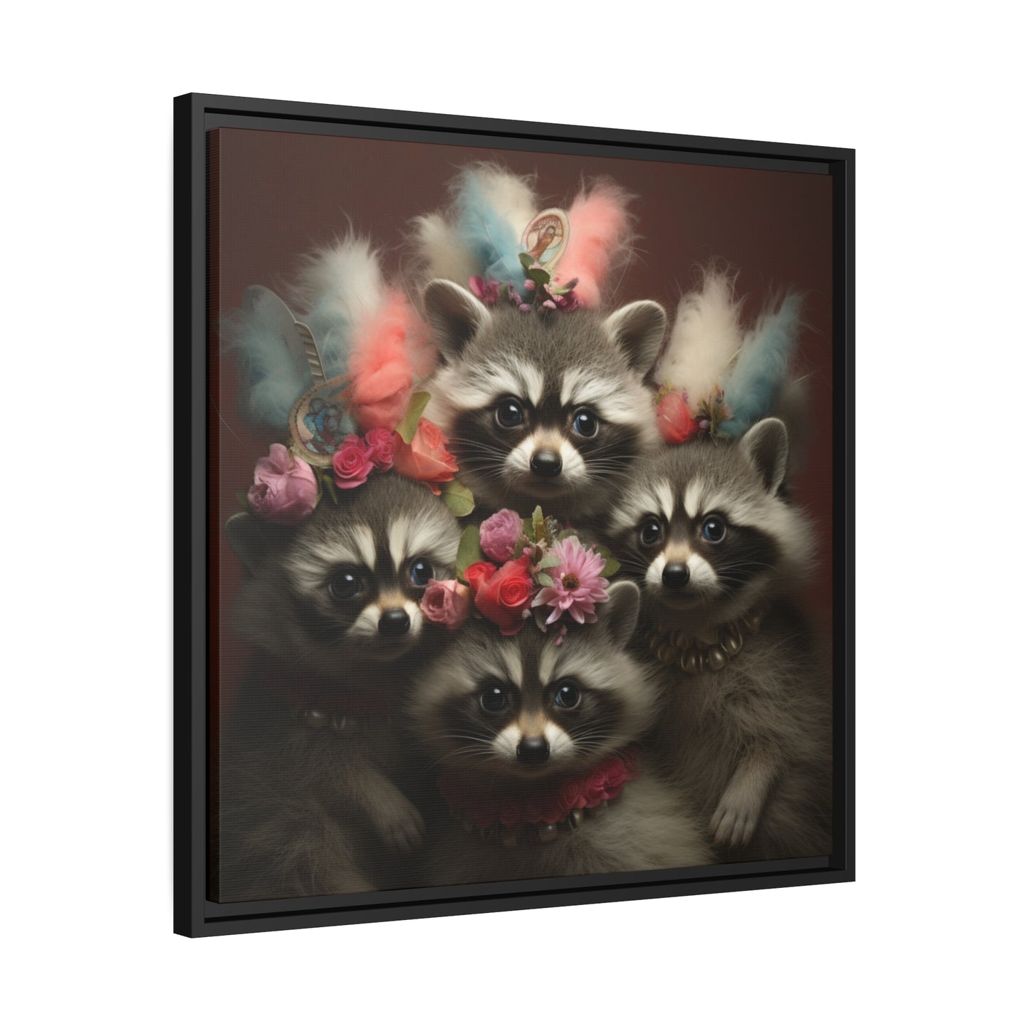 Raccoon Family with Colorful Plumes Framed Wall Canvas