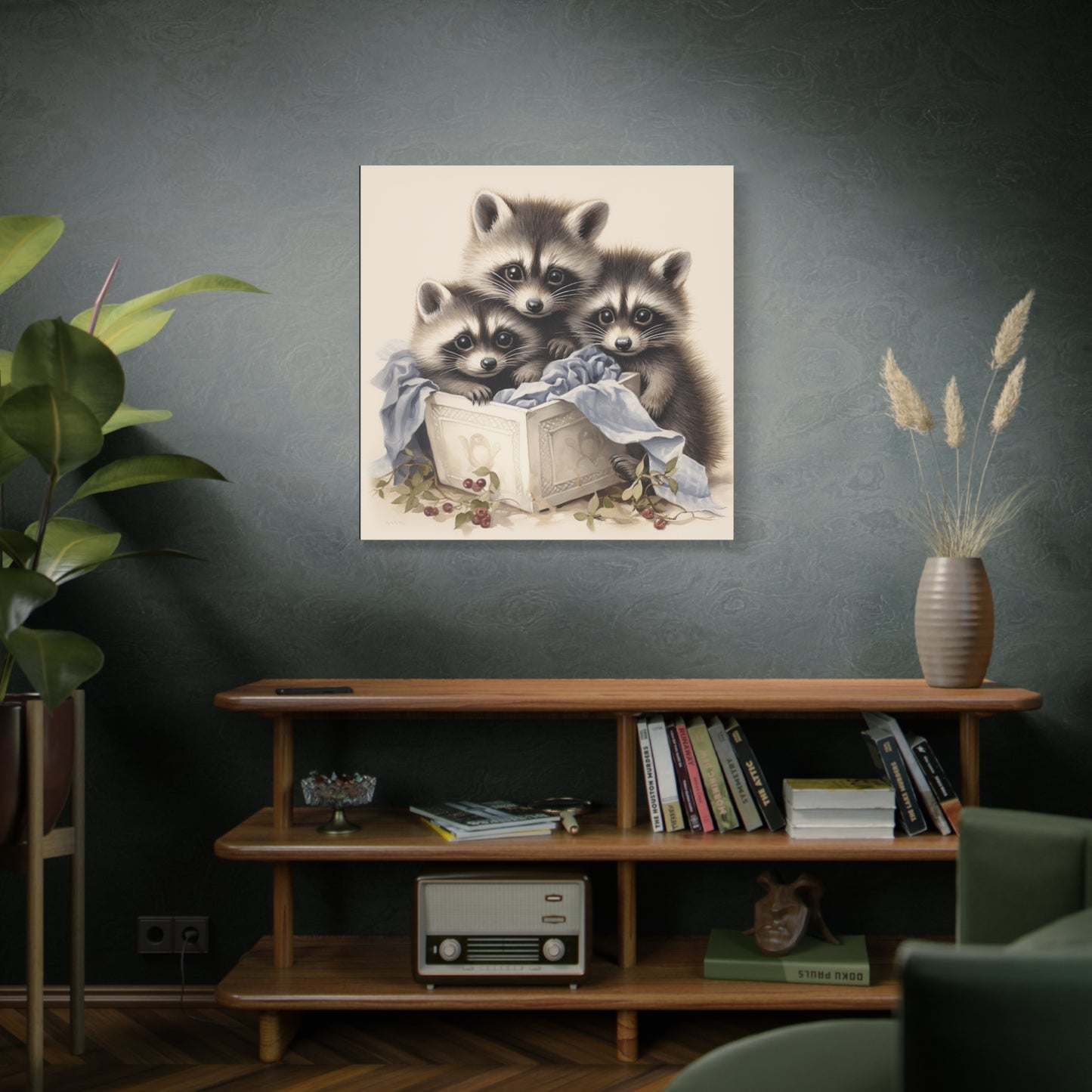 Raccoon Family with Blue Blanket Wall Canvas