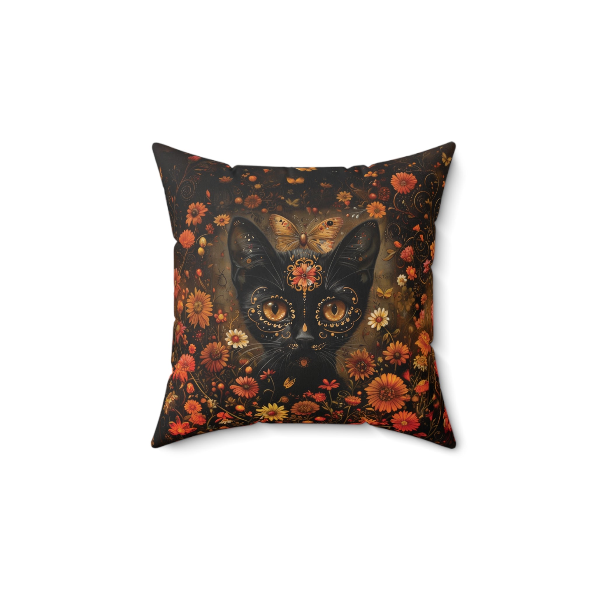 Cat in Orange Wildflowers - Day of the Dead - Throw Pillow