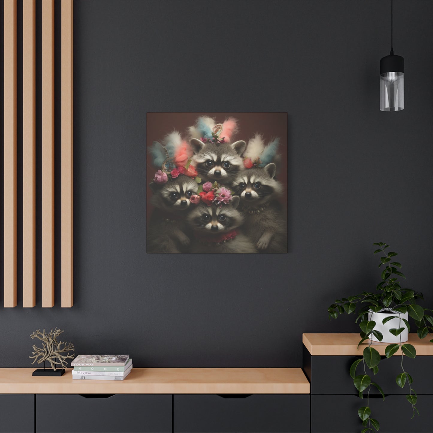 Raccoon Family with Colorful Plumes Wall Canvas