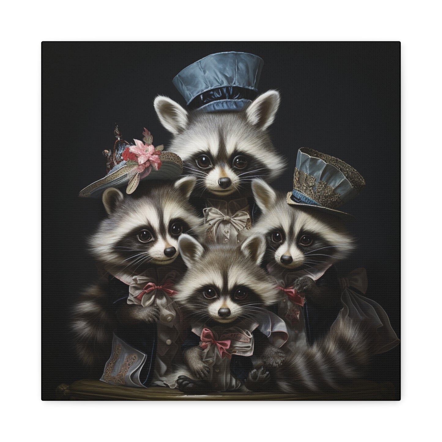 Raccoon Family in Blue Hats Wall Canvas