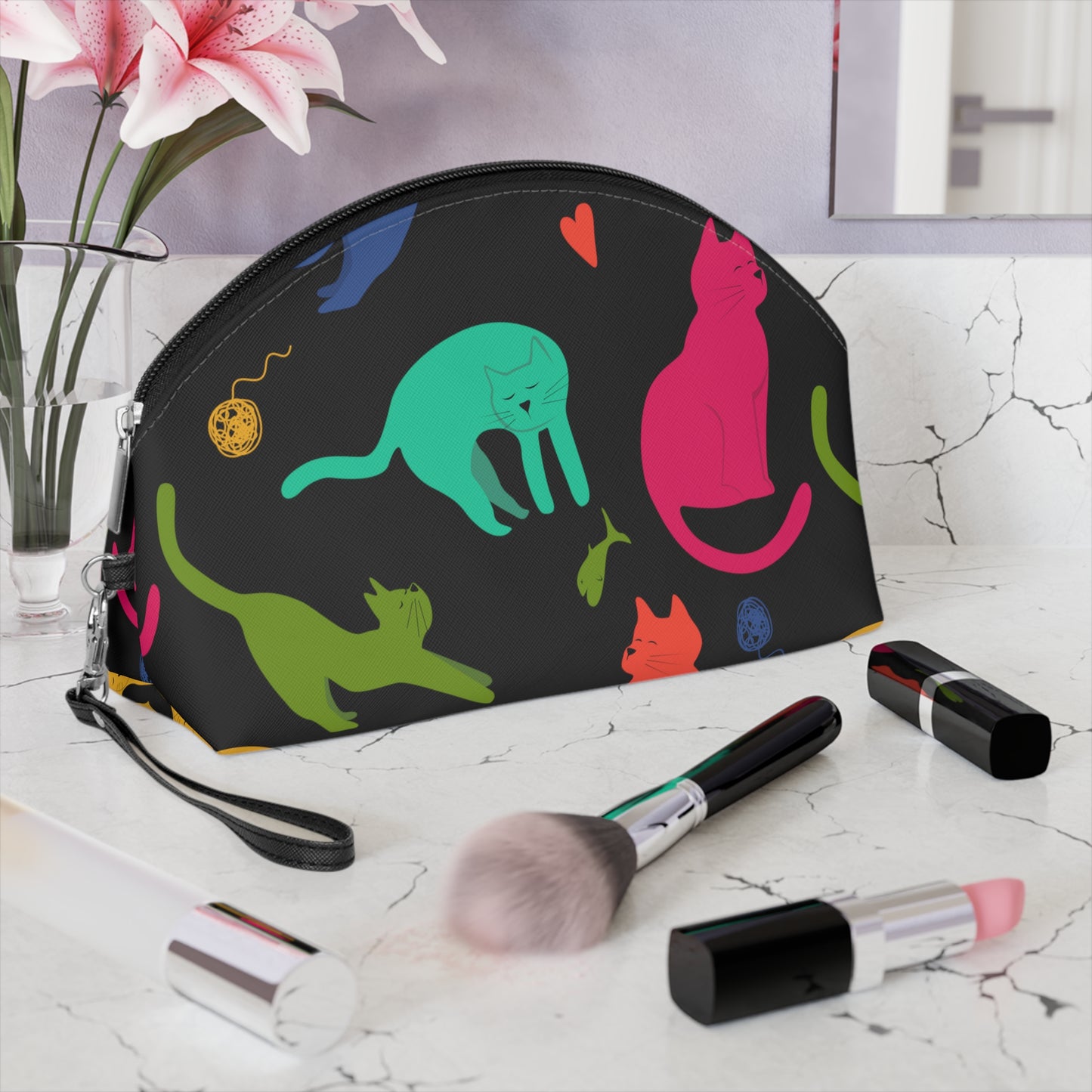 Vibrantly Colored Cats Makeup Bag – Black