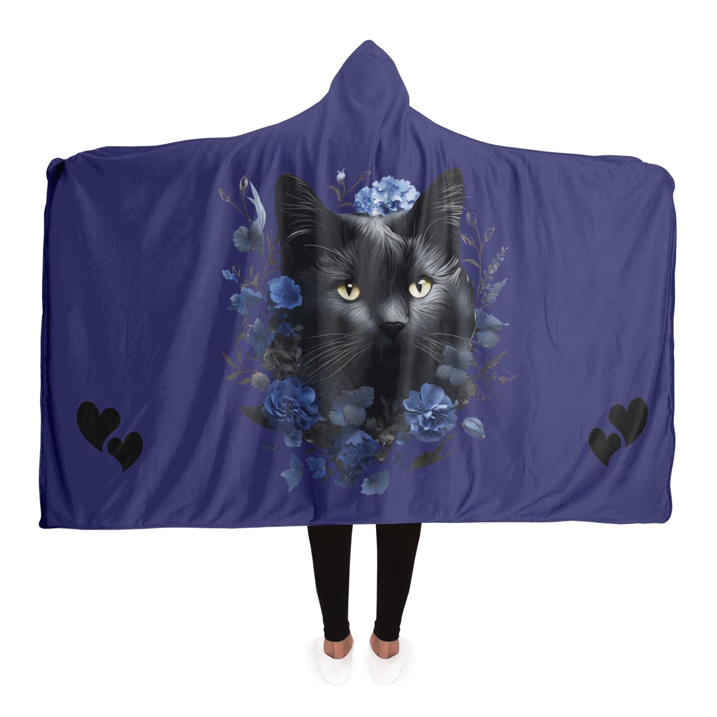 Cat and Blue Blooms - Hooded Blanket