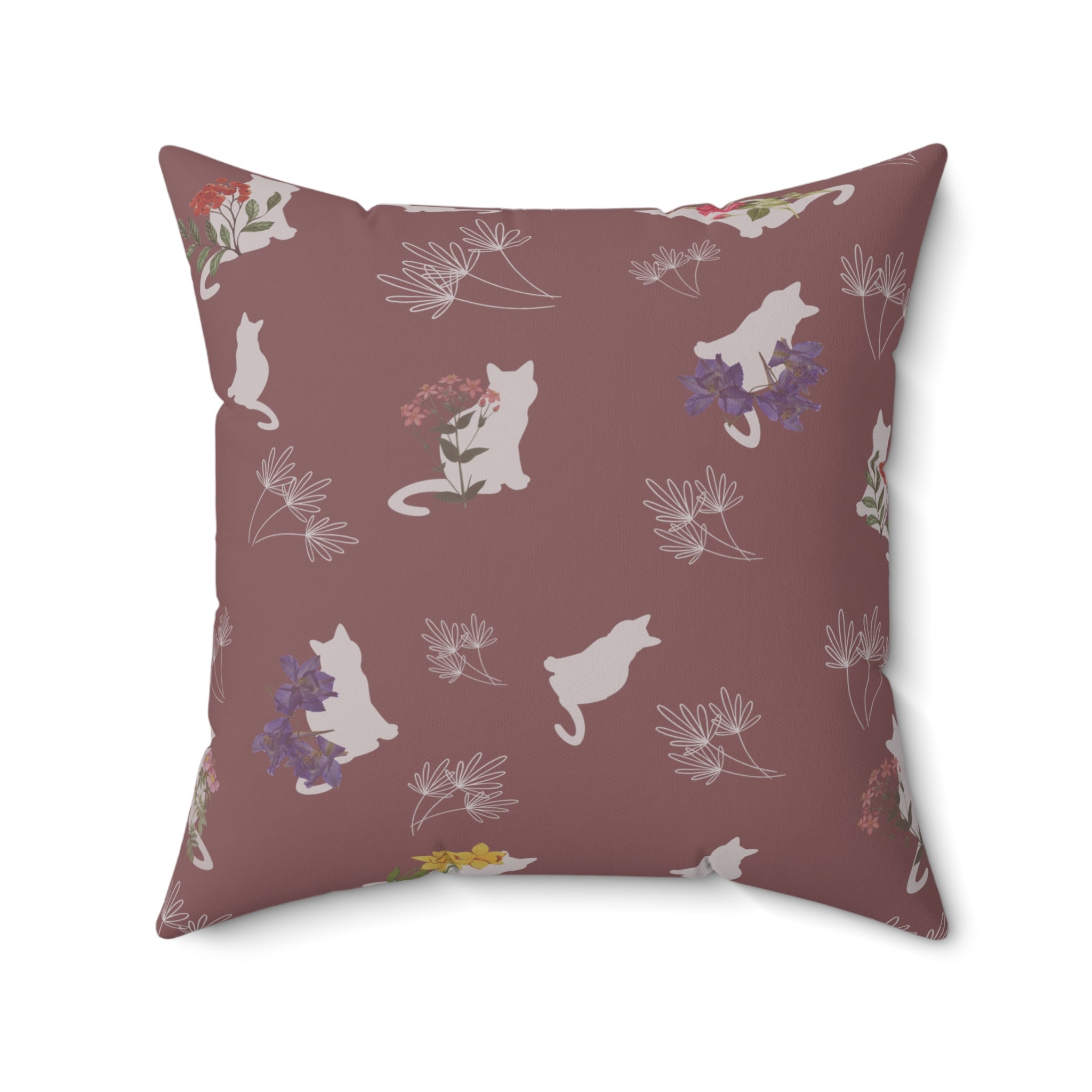 Cat and Flowers/Leafy Whimsy Throw Pillow – Mauve