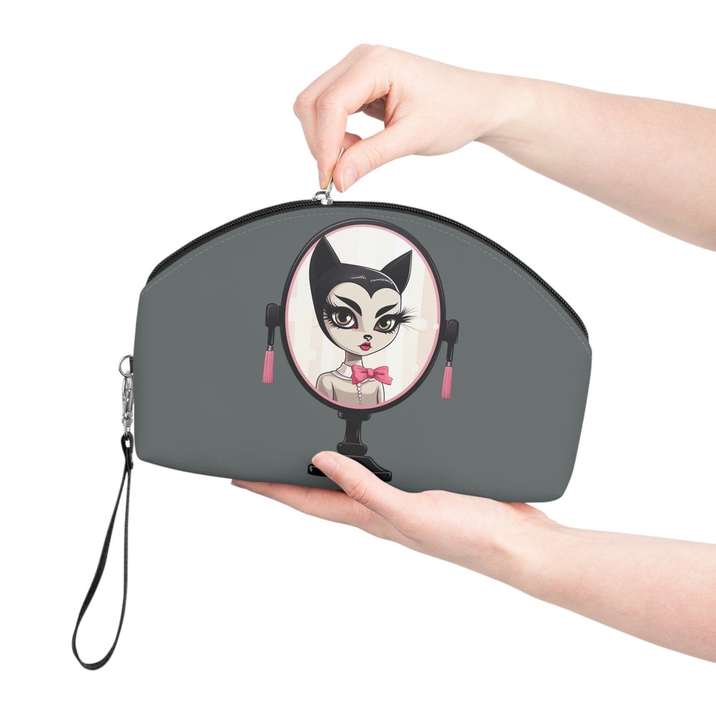 Sophisticated Cat Makeup Bag – Lady Cat with Pink Bow on grey