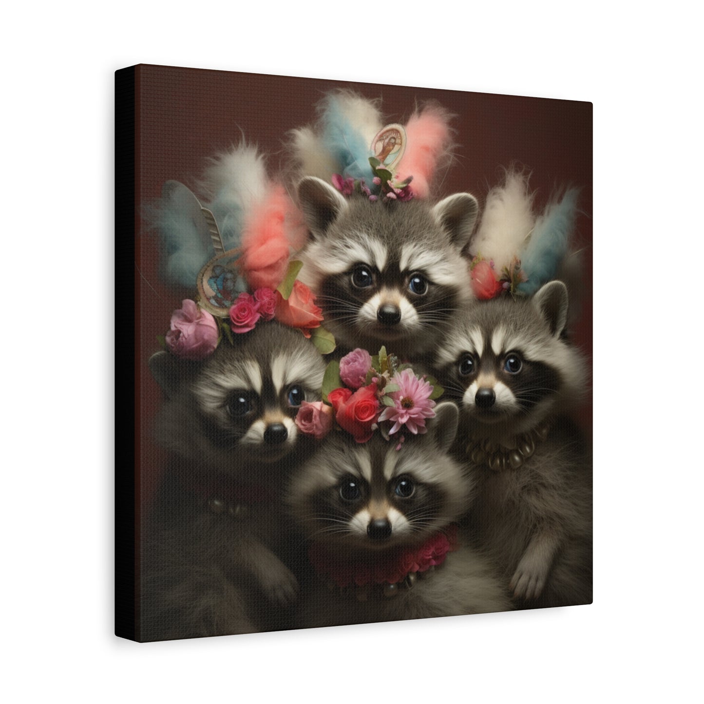 Raccoon Family with Colorful Plumes Wall Canvas