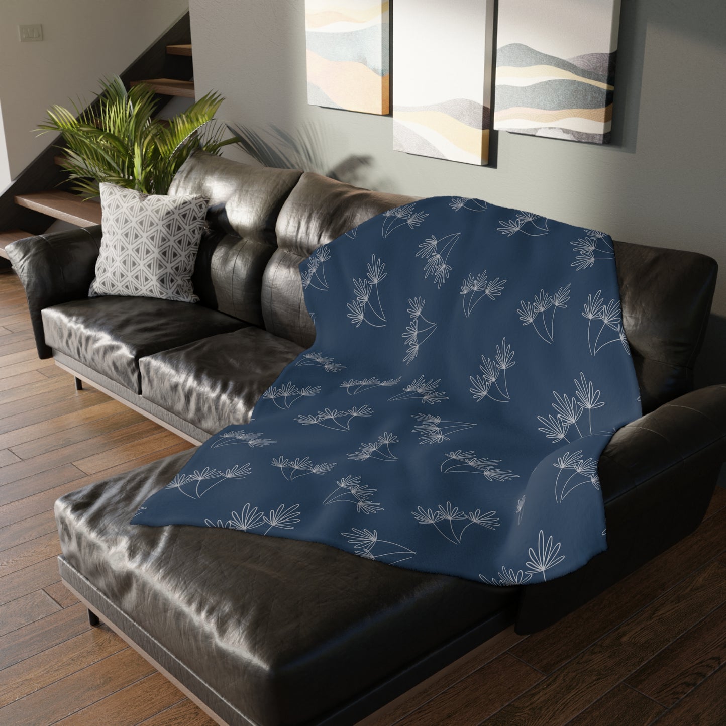 Cats and Flowers/Leafy Whimsy Blanket - Blue