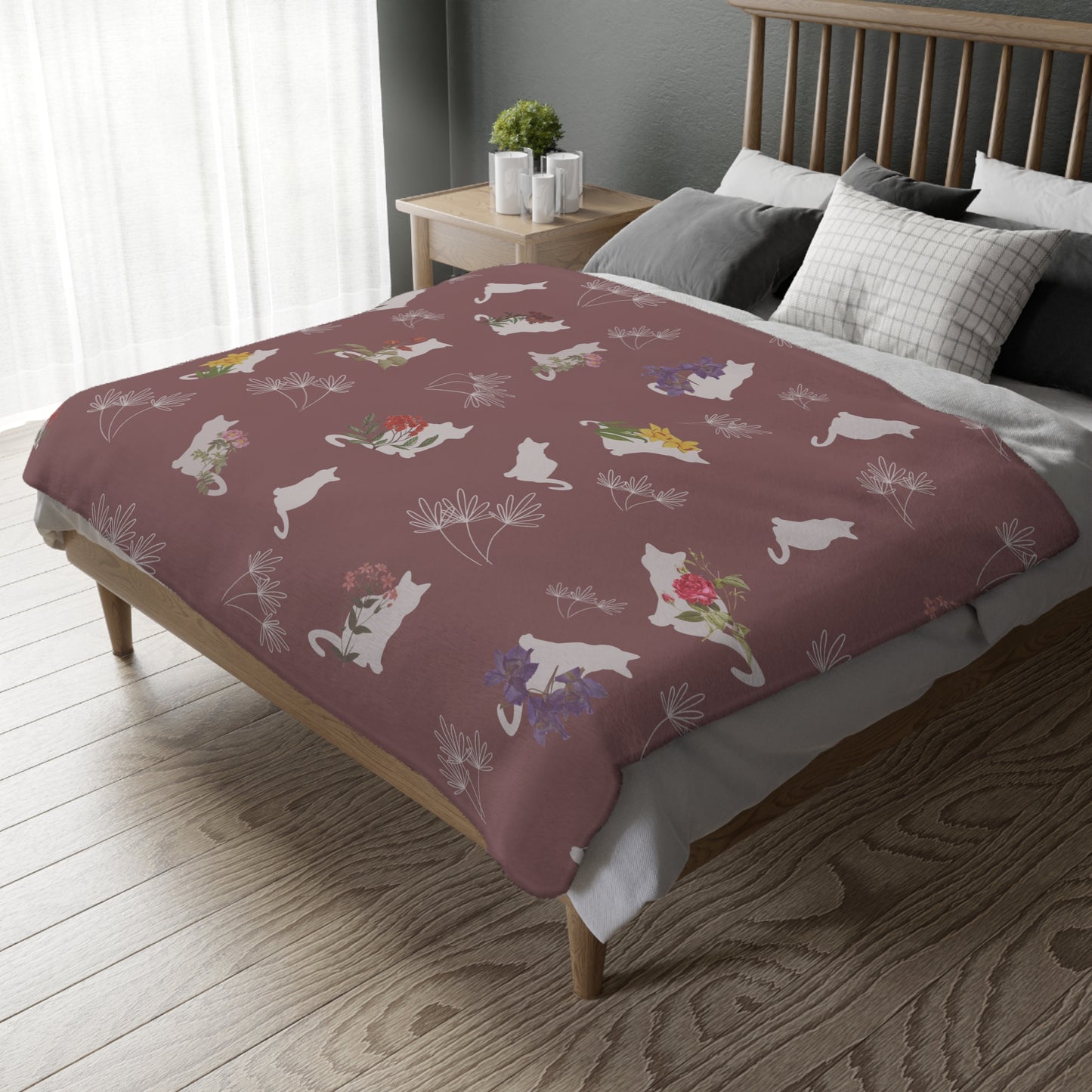 Cats and Flowers/Leafy Whimsy Blanket – Mauve