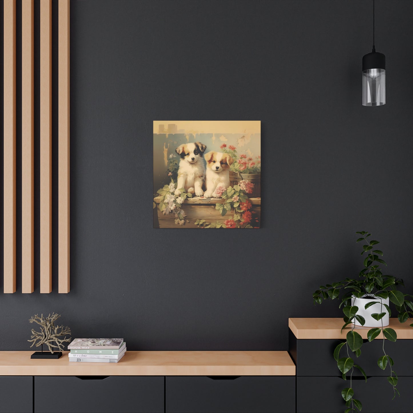 Puppies on Potting Table Wall Canvas