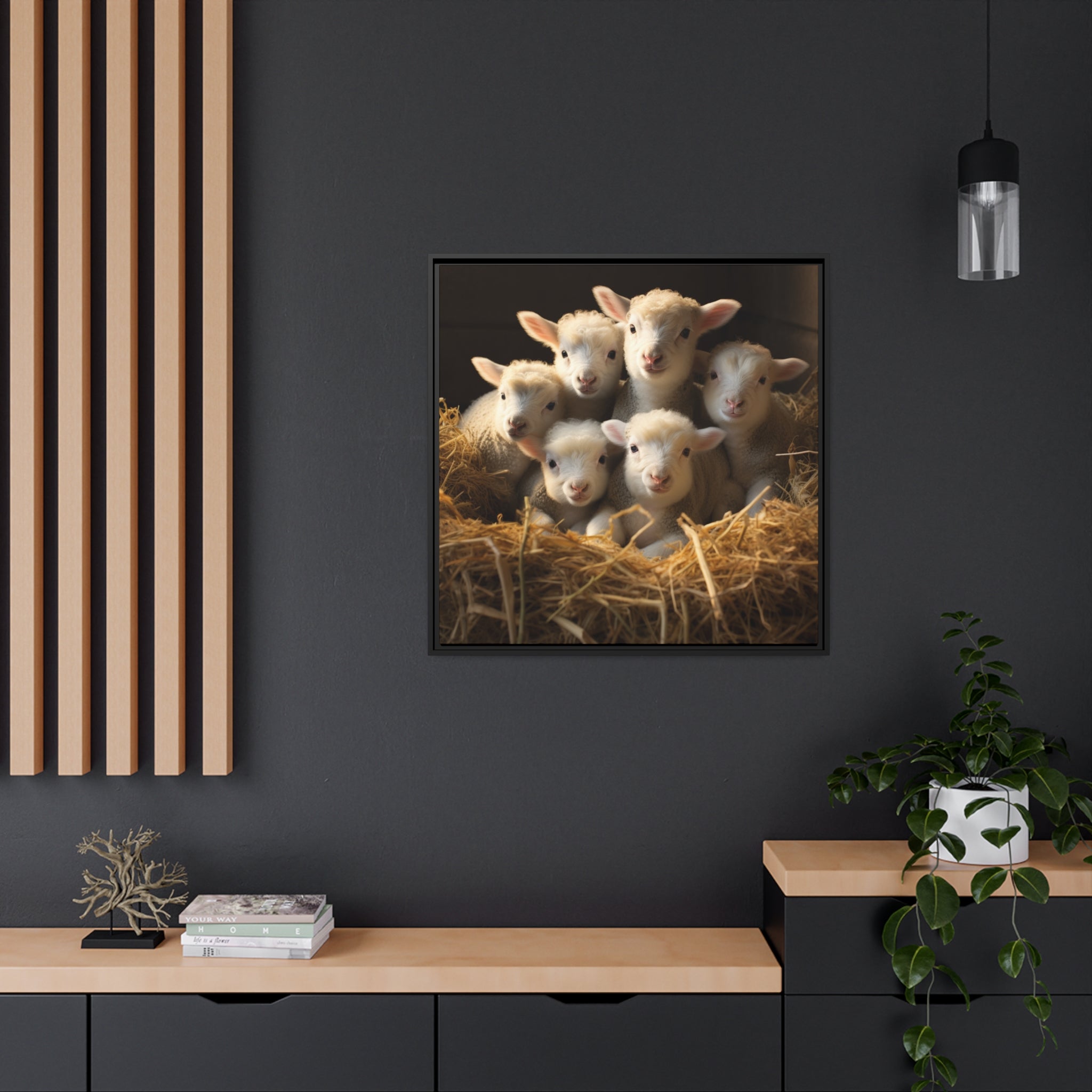 Lamb Family in Straw Framed Wall Canvas