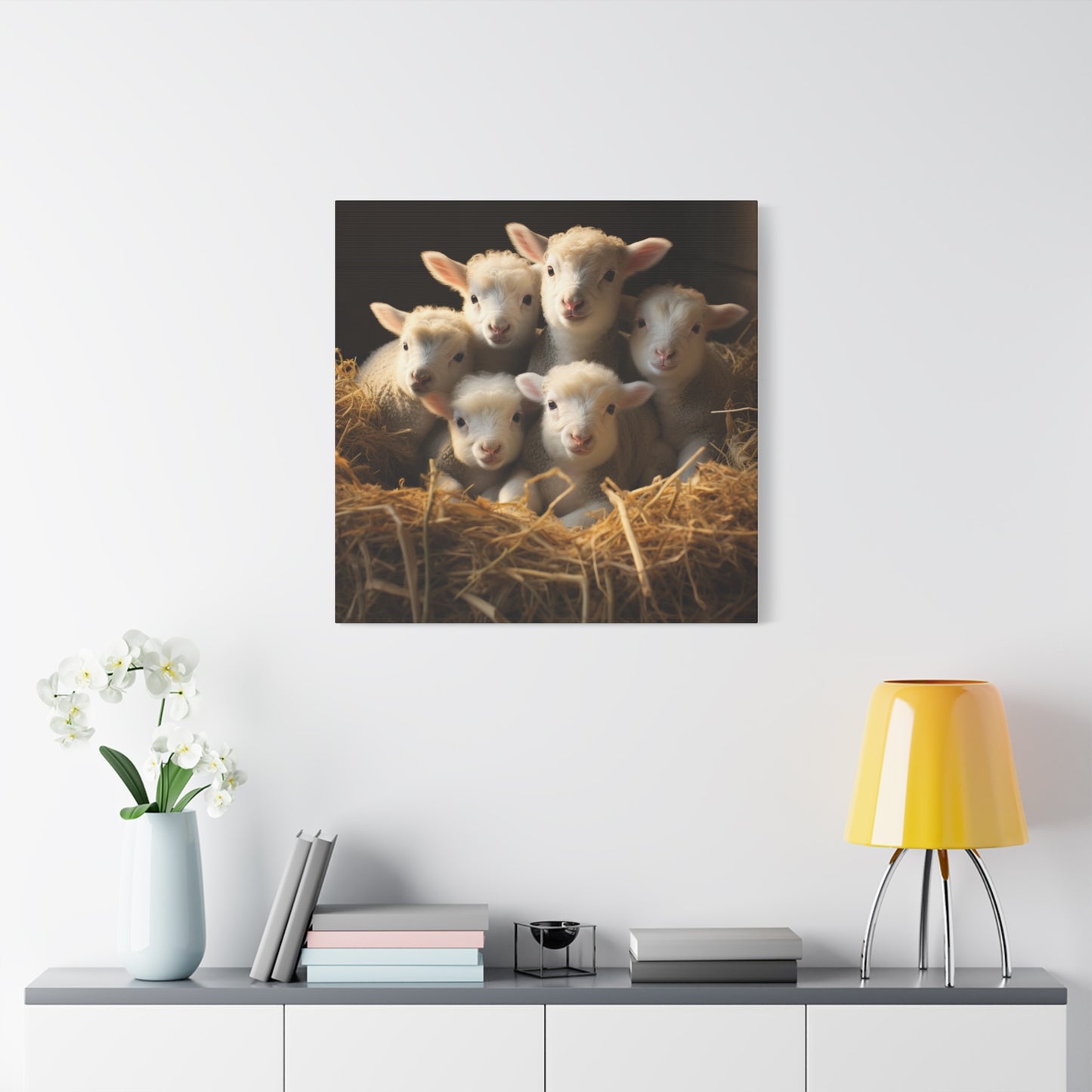 Lamb Family in Straw Wall Canvas